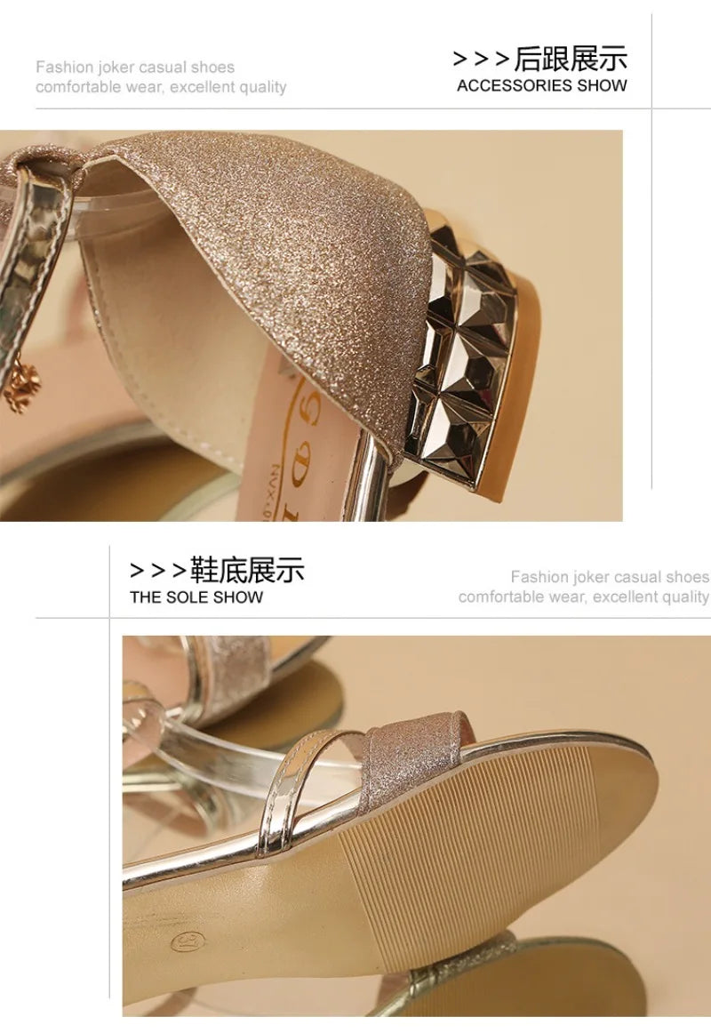 Luxury Women's Sandals Fashion Rhinestone Banquet Sandals Medium Heel Sandals for Women Summer Open Toe Sandas Sandalias Mujer