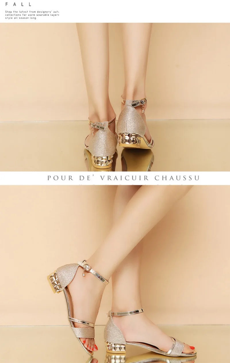 Luxury Women's Sandals Fashion Rhinestone Banquet Sandals Medium Heel Sandals for Women Summer Open Toe Sandas Sandalias Mujer