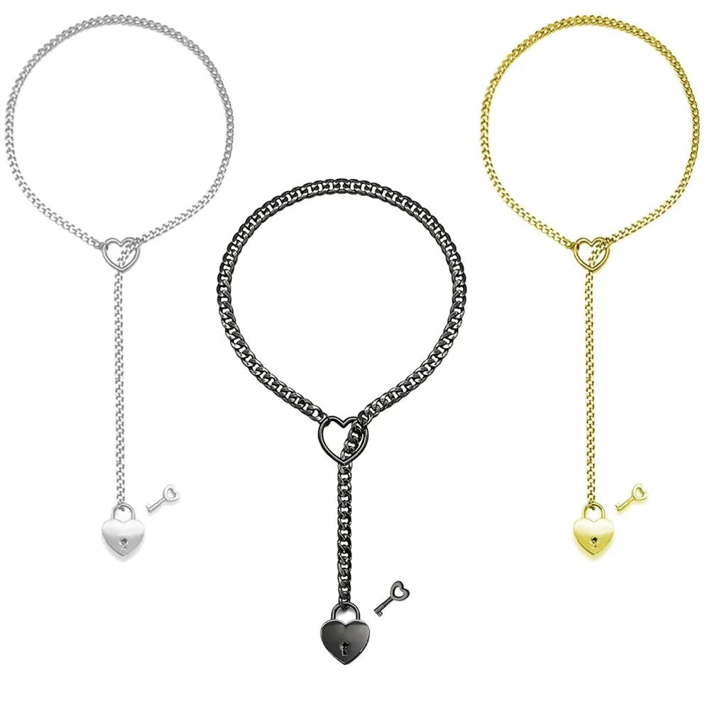 Adjustable Heart O - Ring Punk Rock Cuban Chain Necklace – Lariat Y - Style Necklace with Key & Heart Lock Pendant - Maison zamor