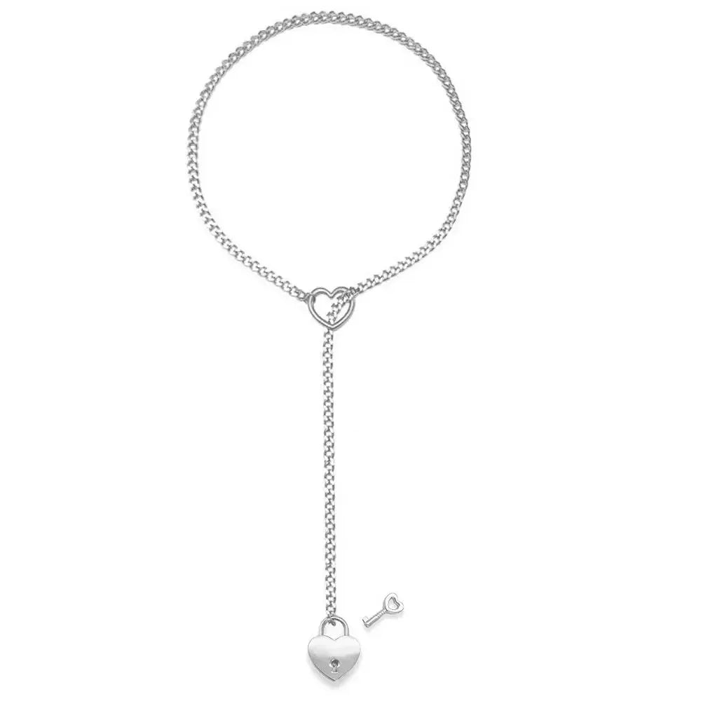 Adjustable Heart O - Ring Punk Rock Cuban Chain Necklace – Lariat Y - Style Necklace with Key & Heart Lock Pendant - Maison zamor