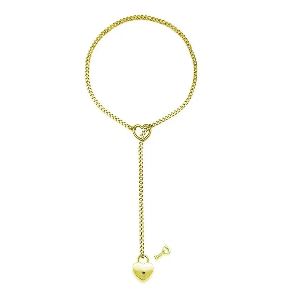 Adjustable Heart O - Ring Punk Rock Cuban Chain Necklace – Lariat Y - Style Necklace with Key & Heart Lock Pendant - Maison zamor