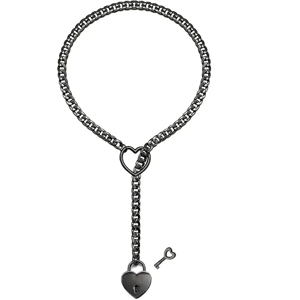 Adjustable Heart O - Ring Punk Rock Cuban Chain Necklace – Lariat Y - Style Necklace with Key & Heart Lock Pendant - Maison zamor