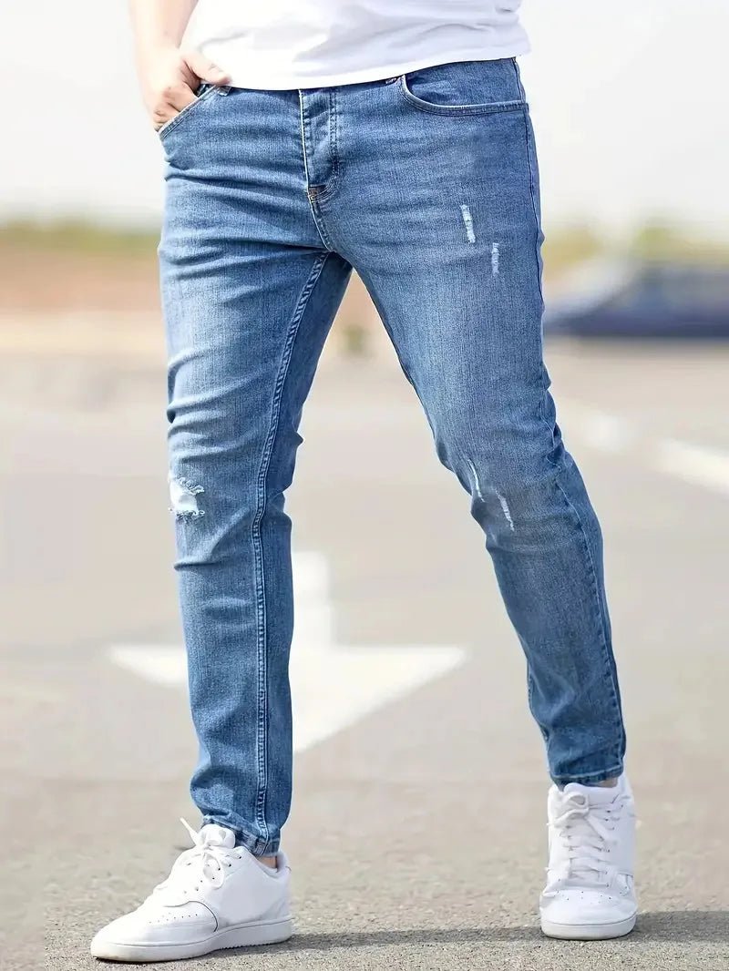 Distressed Men Jeans Denim Holes Skinny Vintage Wash Solid Pencil Pants 2024 Ankle Length Sheath Punk Style Pockets Slim - Maison zamor