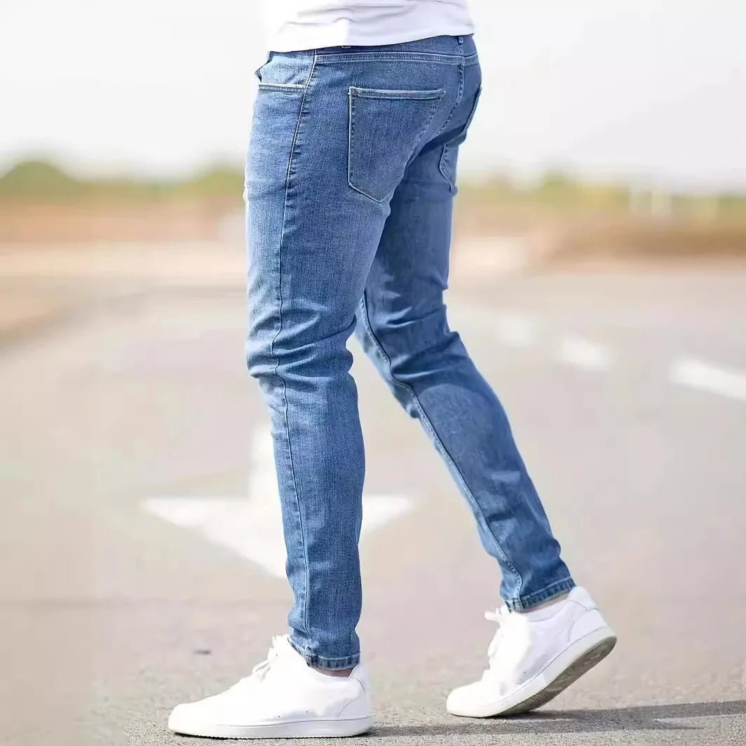 Distressed Men Jeans Denim Holes Skinny Vintage Wash Solid Pencil Pants 2024 Ankle Length Sheath Punk Style Pockets Slim - Maison zamor