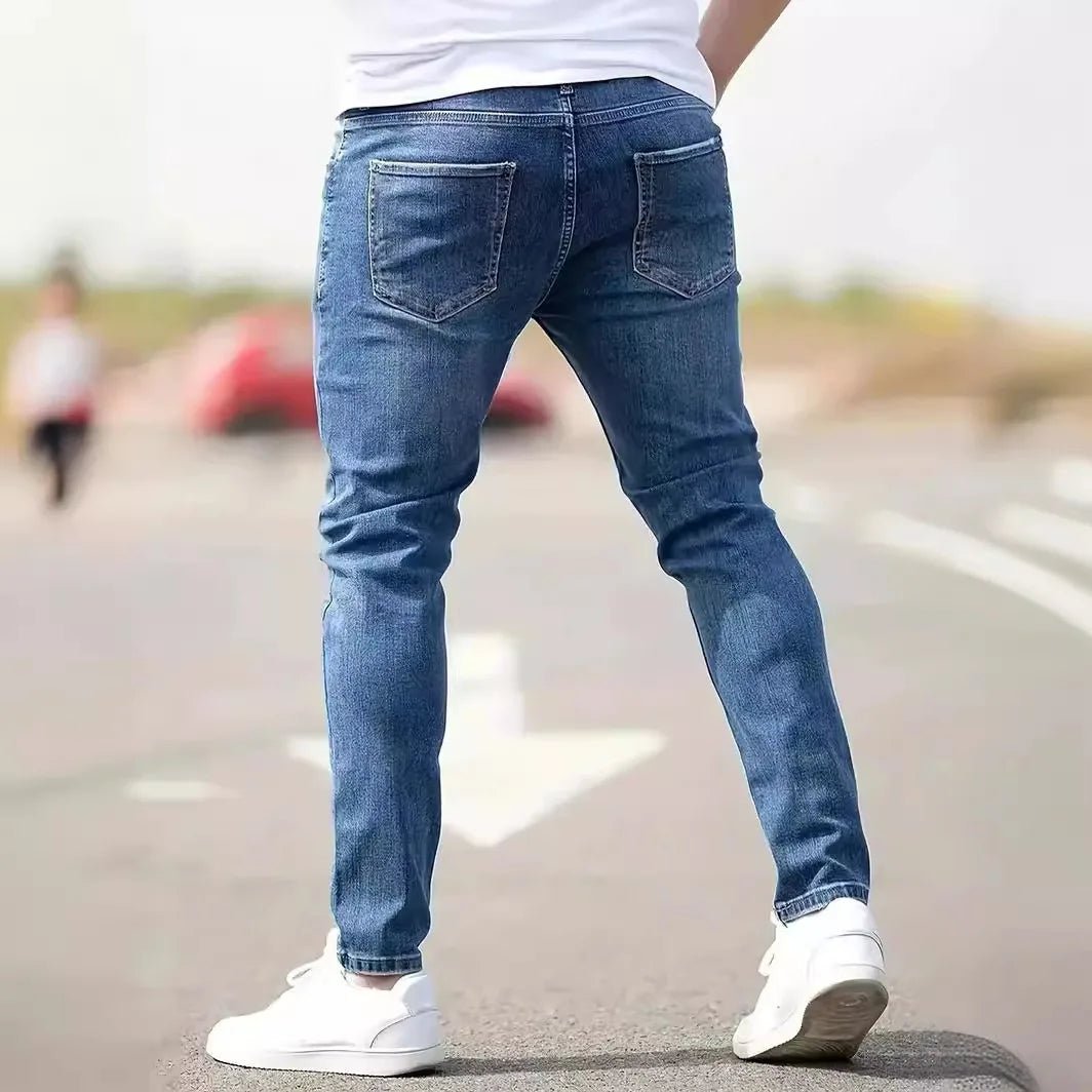 Distressed Men Jeans Denim Holes Skinny Vintage Wash Solid Pencil Pants 2024 Ankle Length Sheath Punk Style Pockets Slim - Maison zamor