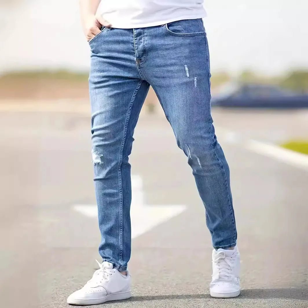 Distressed Men Jeans Denim Holes Skinny Vintage Wash Solid Pencil Pants 2024 Ankle Length Sheath Punk Style Pockets Slim - Maison zamor