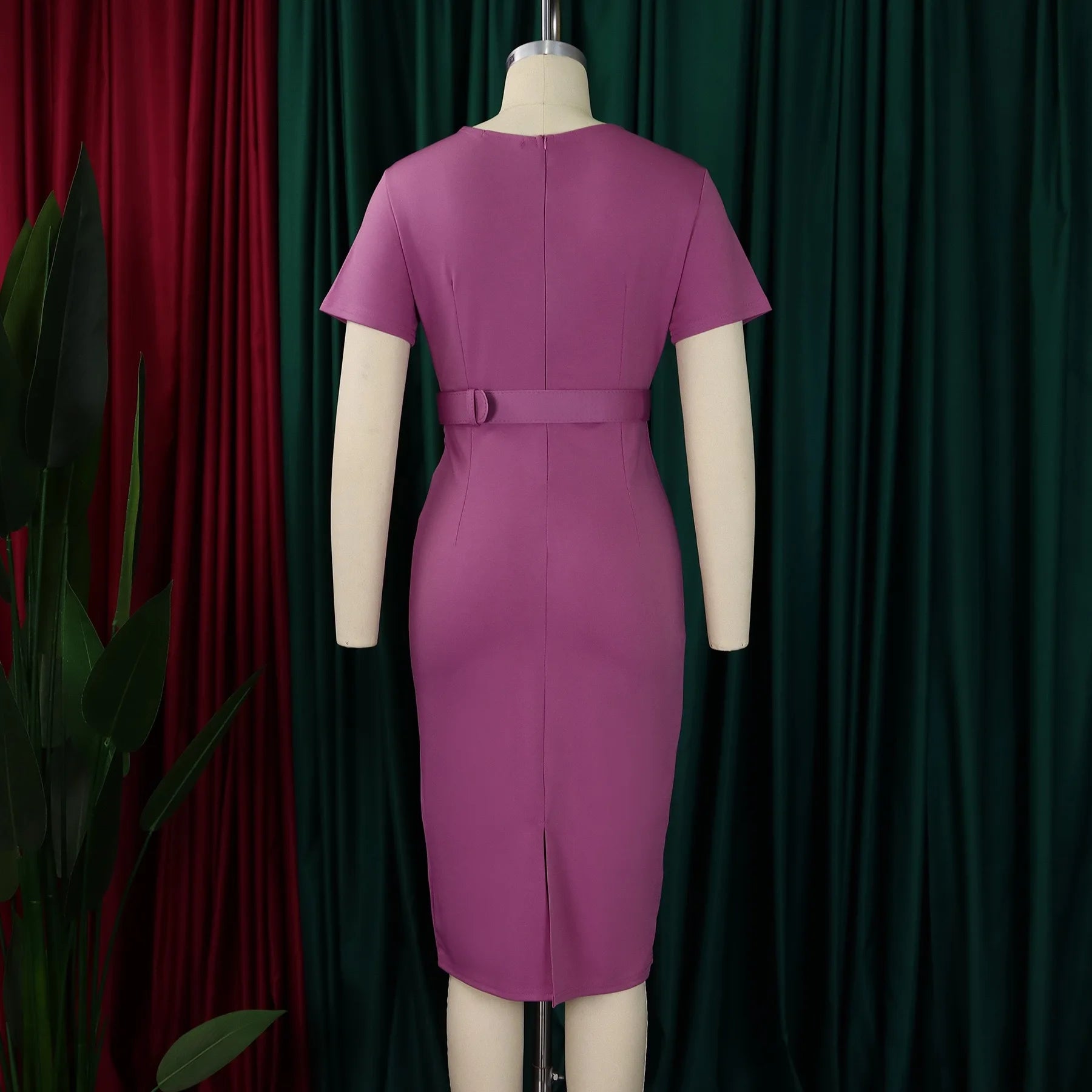 Elegant Office Dresses for Women V Neck Short Sleeve Belt Waisted Pleated Mid Calf Formal Business Work Wear Dress Midi Clothes - Maison zamor