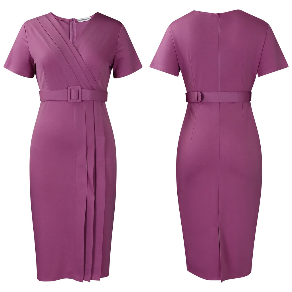 Elegant Office Dresses for Women V Neck Short Sleeve Belt Waisted Straight Mid Calf Formal Female Business Work Wear Dress Midi - Maison zamor