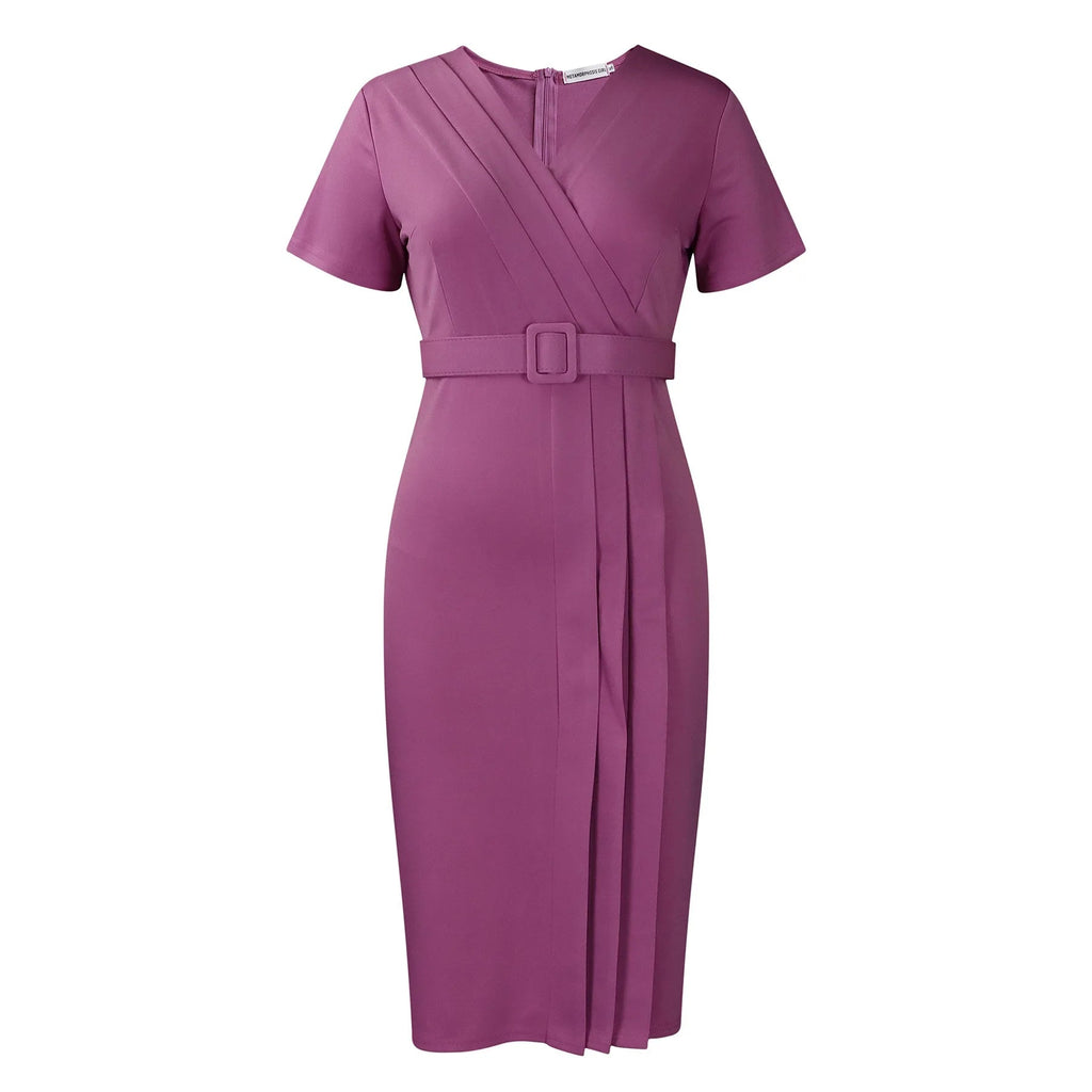 Elegant Office Dresses for Women V Neck Short Sleeve Belt Waisted Straight Mid Calf Formal Female Business Work Wear Dress Midi - Maison zamor