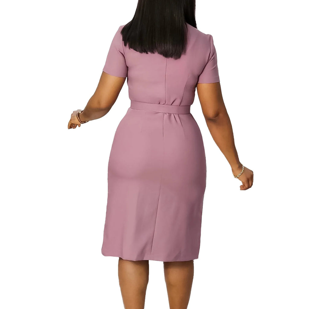 Elegant Office Dresses for Women V Neck Short Sleeve Belt Waisted Straight Mid Calf Formal Female Business Work Wear Dress Midi - Maison zamor