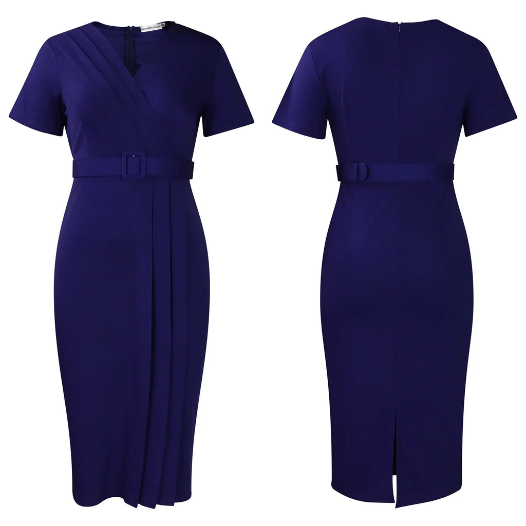 Elegant Office Dresses for Women V Neck Short Sleeve Belt Waisted Straight Mid Calf Formal Female Business Work Wear Dress Midi - Maison zamor