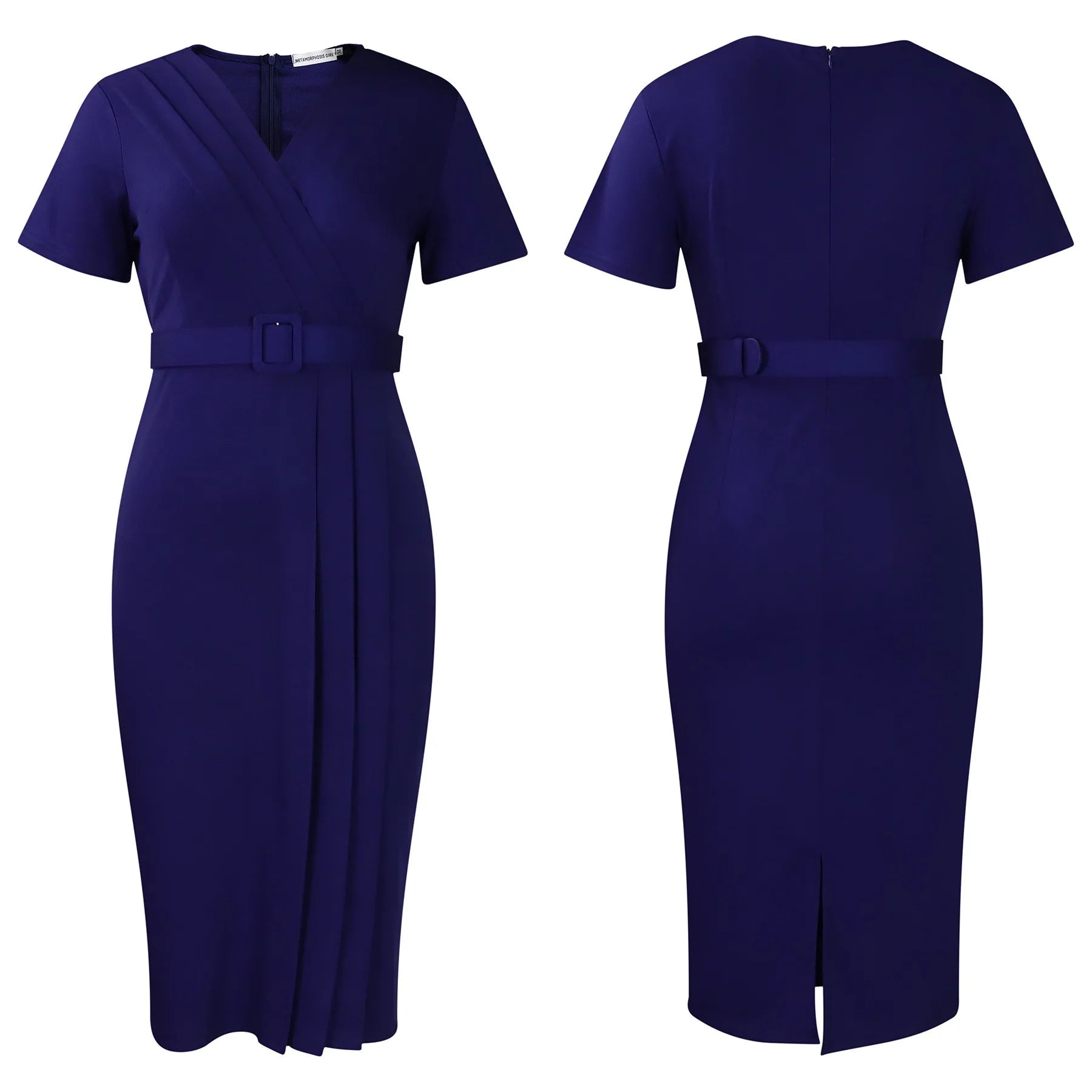 Elegant Office Dresses for Women V Neck Short Sleeve Belt Waisted Straight Mid Calf Formal Female Business Work Wear Dress Midi - Maison zamor