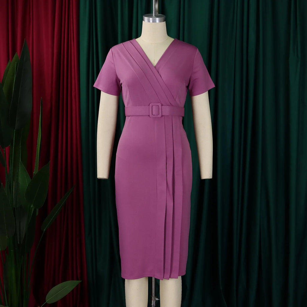 Elegant Office Dresses for Women V Neck Short Sleeve Belt Waisted Straight Mid Calf Formal Female Business Work Wear Dress Midi - Maison zamor