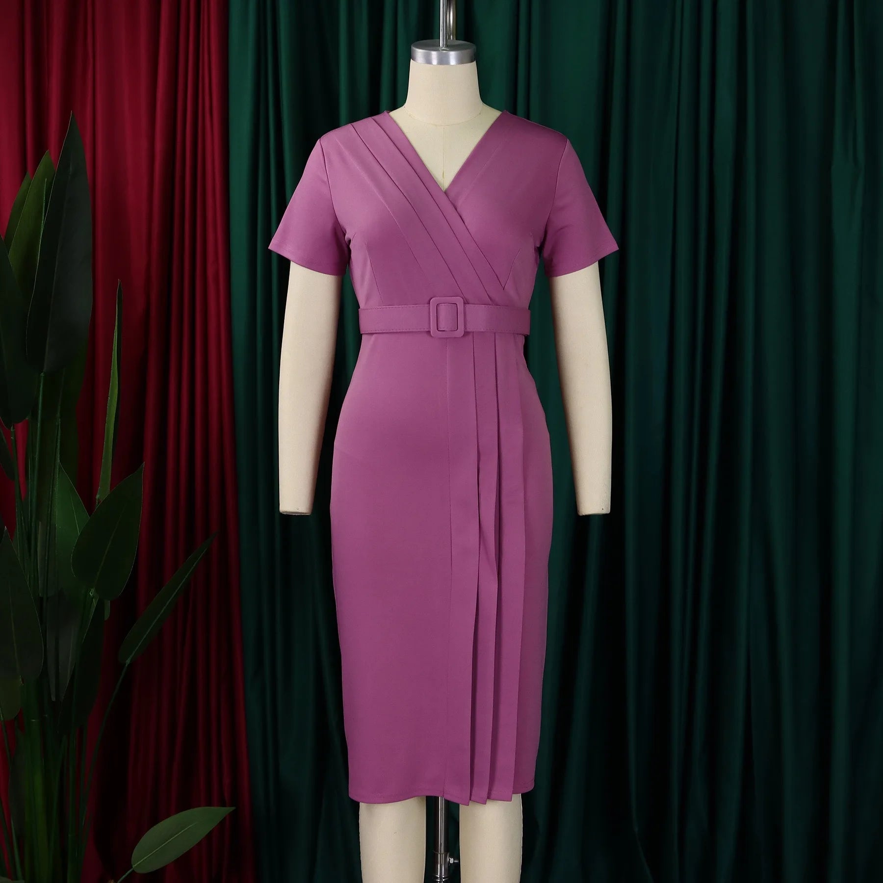Elegant Office Dresses for Women V Neck Short Sleeve Belt Waisted Straight Mid Calf Formal Female Business Work Wear Dress Midi - Maison zamor