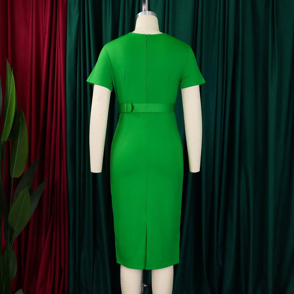 Elegant Office Dresses for Women V Neck Short Sleeve Belt Waisted Straight Mid Calf Formal Female Business Work Wear Dress Midi - Maison zamor