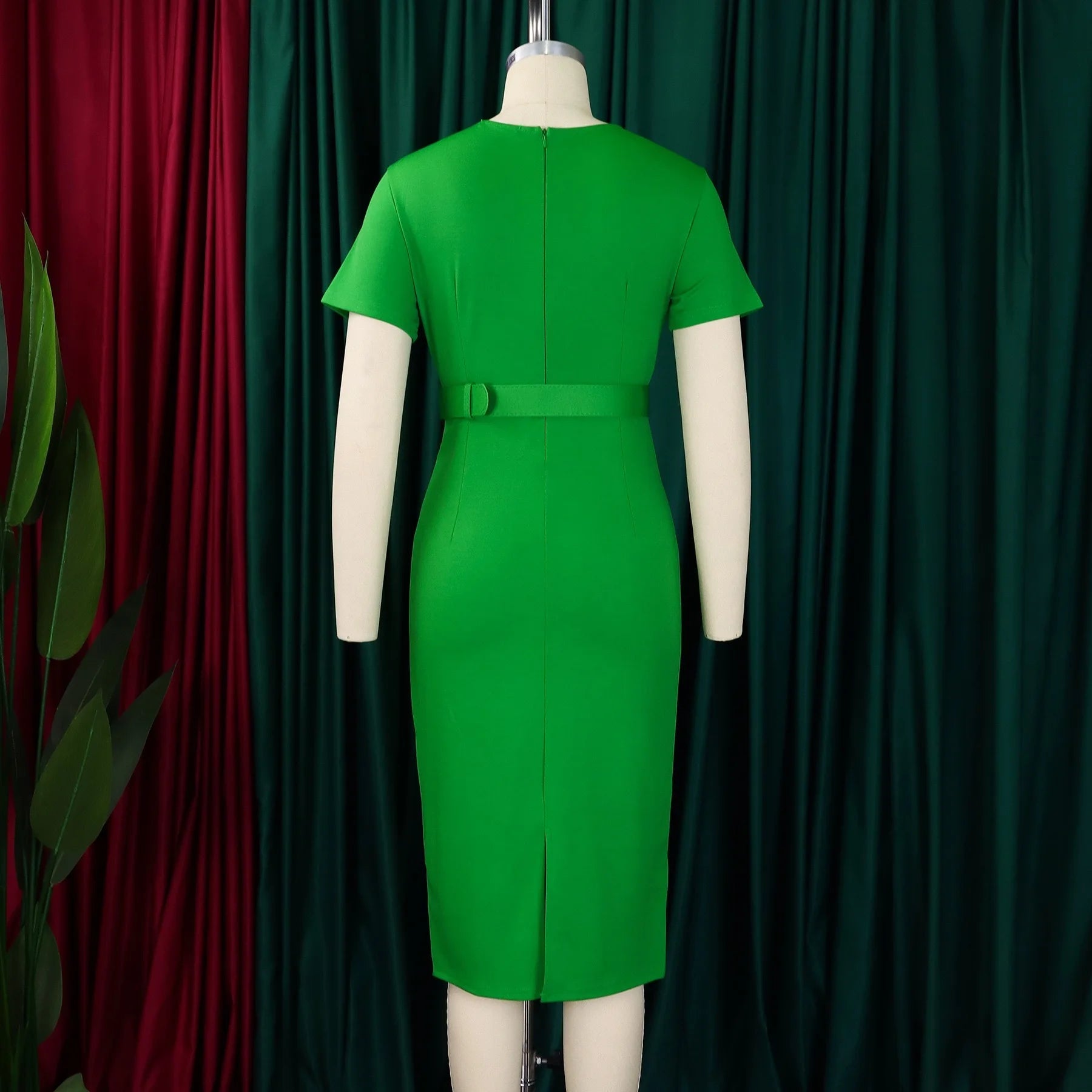 Elegant Office Dresses for Women V Neck Short Sleeve Belt Waisted Straight Mid Calf Formal Female Business Work Wear Dress Midi - Maison zamor
