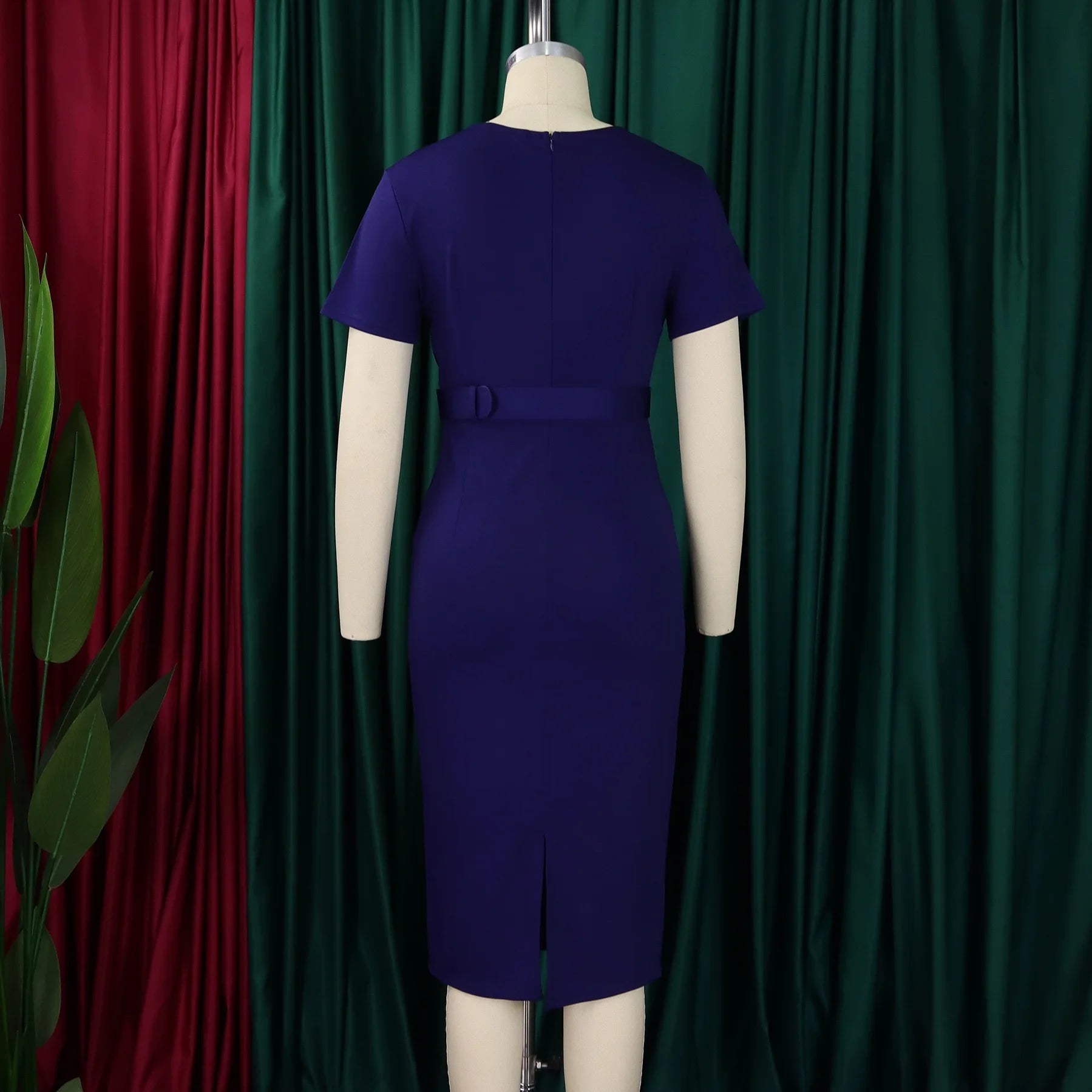 Elegant Office Dresses for Women V Neck Short Sleeve Belt Waisted Straight Mid Calf Formal Female Business Work Wear Dress Midi - Maison zamor