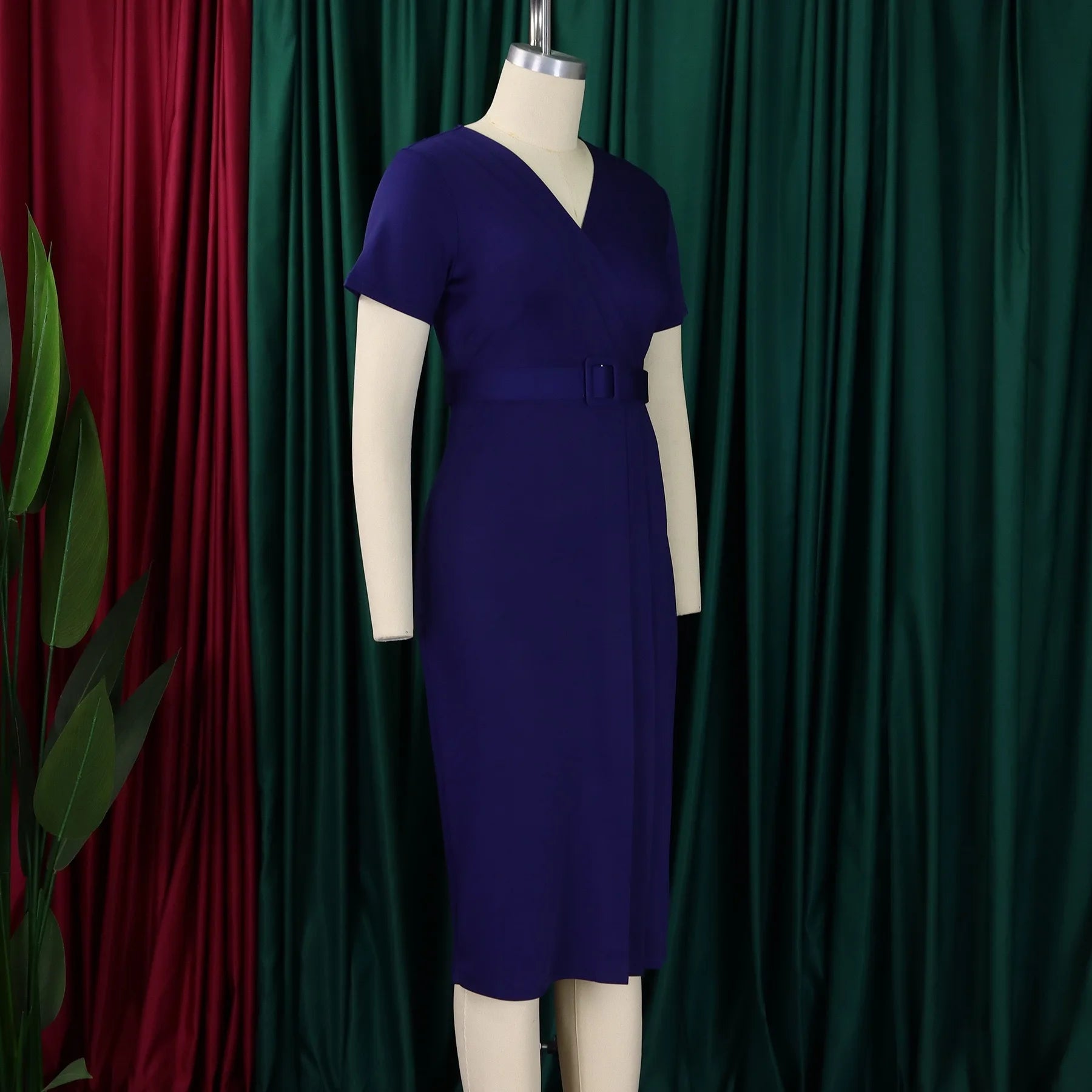 Elegant Office Dresses for Women V Neck Short Sleeve Belt Waisted Straight Mid Calf Formal Female Business Work Wear Dress Midi - Maison zamor