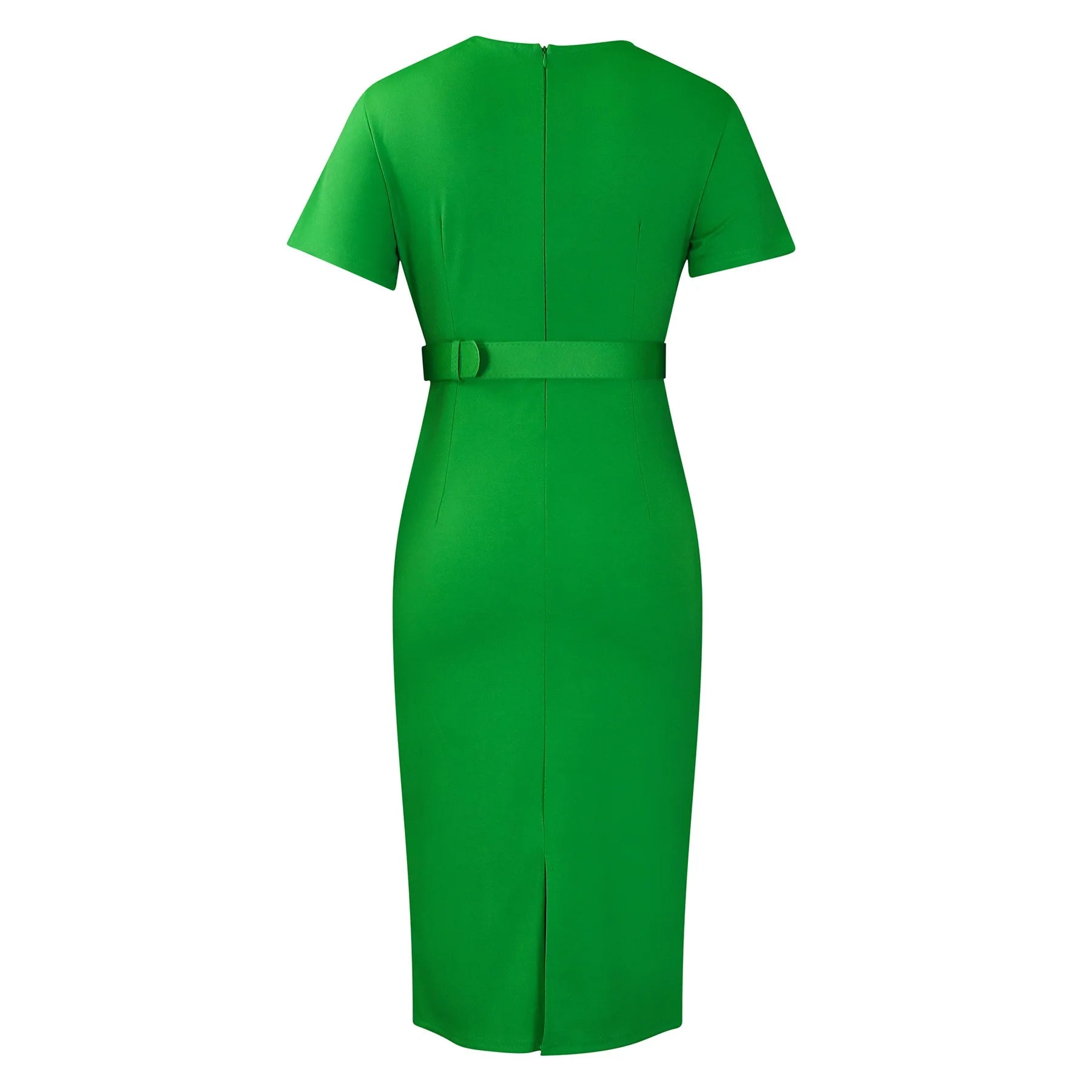 Elegant Office Dresses for Women V Neck Short Sleeve Belt Waisted Straight Mid Calf Formal Female Business Work Wear Dress Midi - Maison zamor