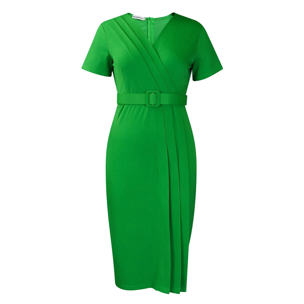 Elegant Office Dresses for Women V Neck Short Sleeve Belt Waisted Straight Mid Calf Formal Female Business Work Wear Dress Midi - Maison zamor