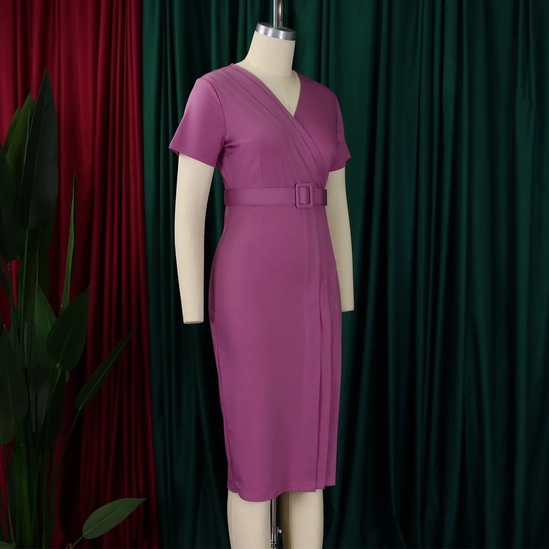 Elegant Office Dresses for Women V Neck Short Sleeve Belt Waisted Straight Mid Calf Formal Female Business Work Wear Dress Midi - Maison zamor