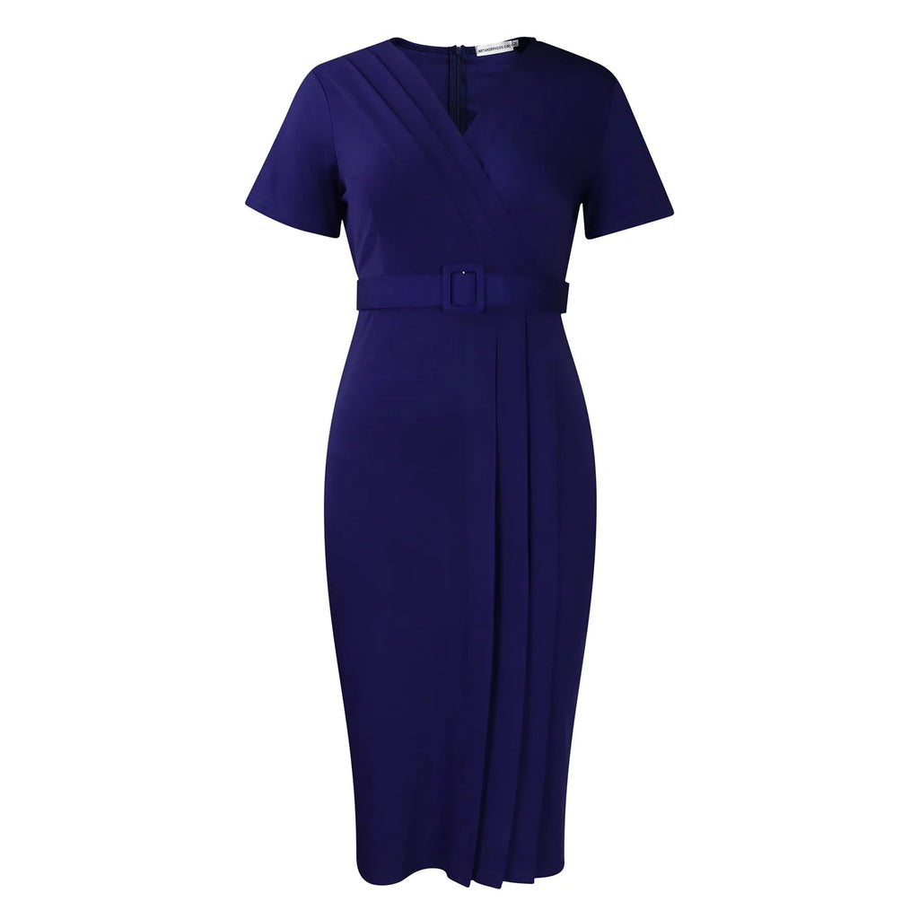 Elegant Office Dresses for Women V Neck Short Sleeve Belt Waisted Straight Mid Calf Formal Female Business Work Wear Dress Midi - Maison zamor