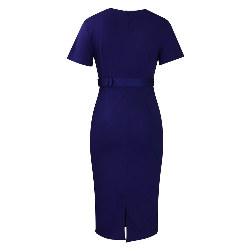Elegant Office Dresses for Women V Neck Short Sleeve Belt Waisted Straight Mid Calf Formal Female Business Work Wear Dress Midi - Maison zamor