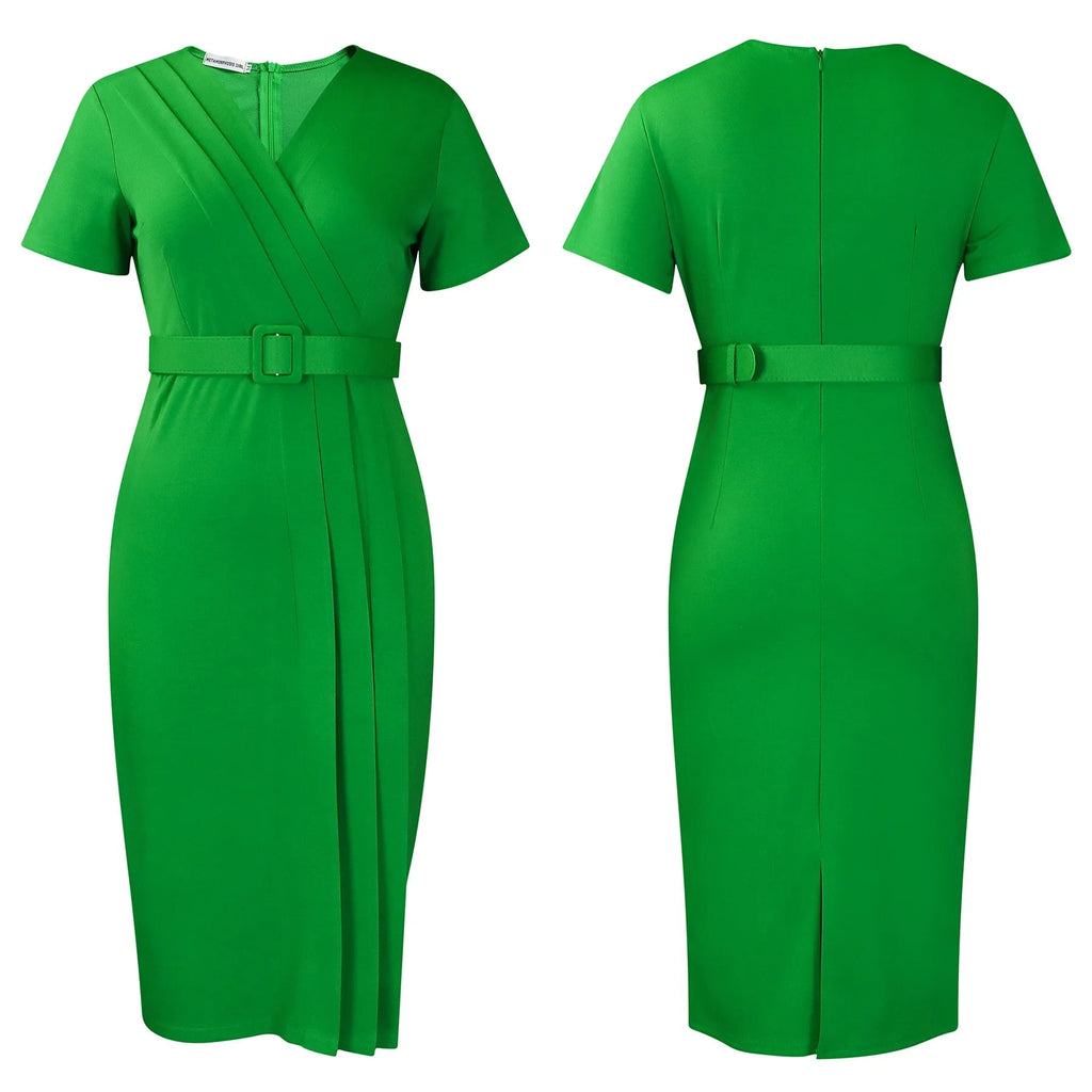 Elegant Office Dresses for Women V Neck Short Sleeve Belt Waisted Straight Mid Calf Formal Female Business Work Wear Dress Midi - Maison zamor