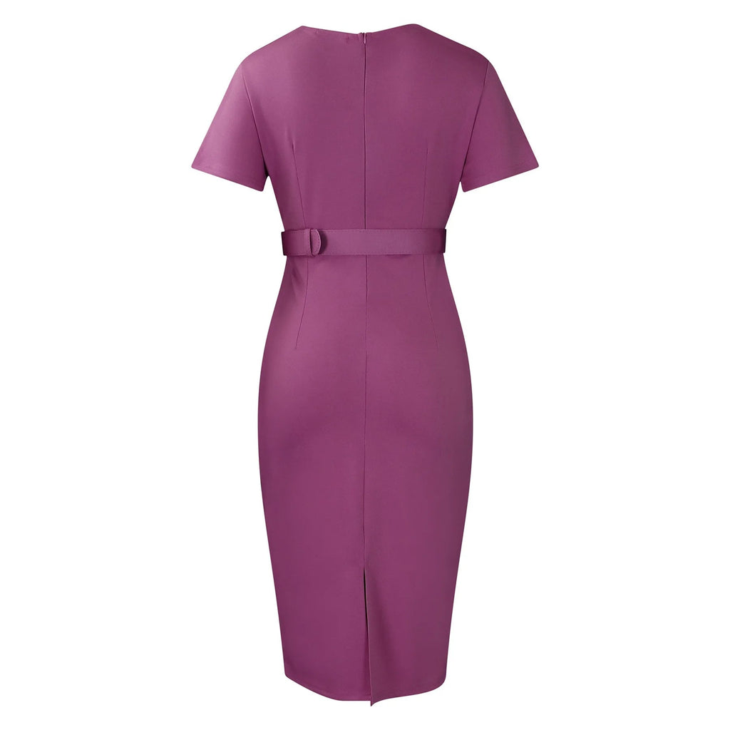 Elegant Office Dresses for Women V Neck Short Sleeve Belt Waisted Straight Mid Calf Formal Female Business Work Wear Dress Midi - Maison zamor