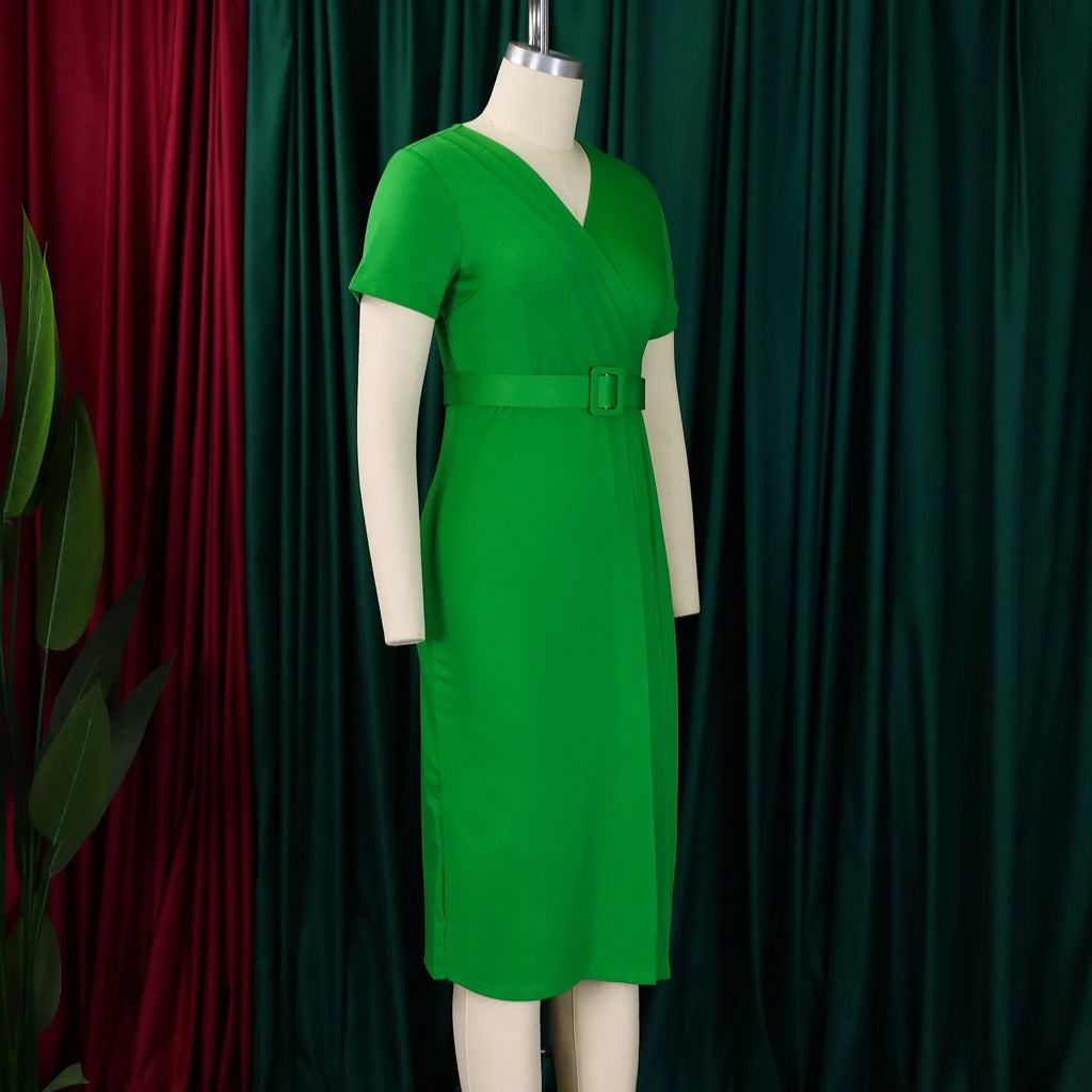 Elegant Office Dresses for Women V Neck Short Sleeve Belt Waisted Straight Mid Calf Formal Female Business Work Wear Dress Midi - Maison zamor