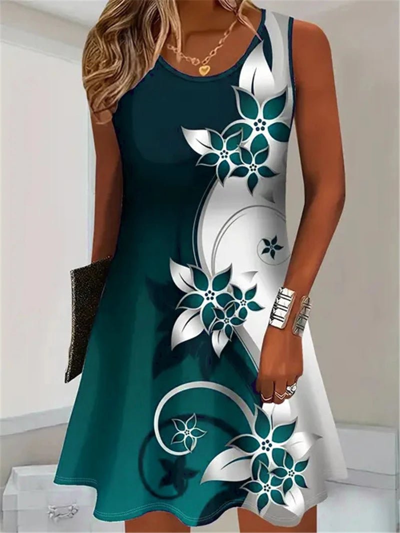 Fashion Floral Pattern Women Mini Dresses Summer Sleeveless Flower 3D Print Street Trend Ladies Dress 3XL Plus Size Casual Dress - Maison zamor
