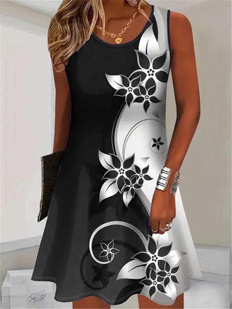 Fashion Floral Pattern Women Mini Dresses Summer Sleeveless Flower 3D Print Street Trend Ladies Dress 3XL Plus Size Casual Dress - Maison zamor