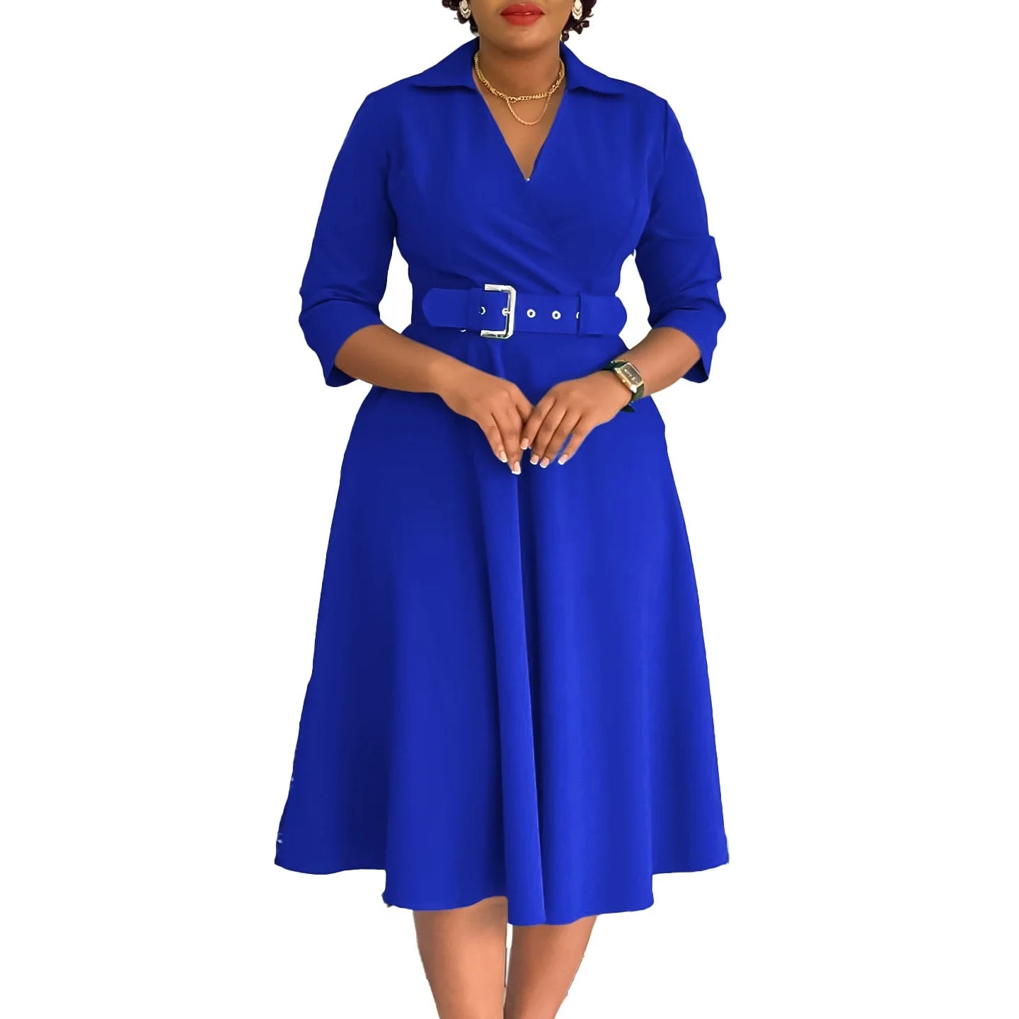 Fashion Office Dresses for Women Turn Down Collar V Neck Belt Waisted Pleated Mid Calf Elegant African Business Work Dress Cloth - Maison zamor