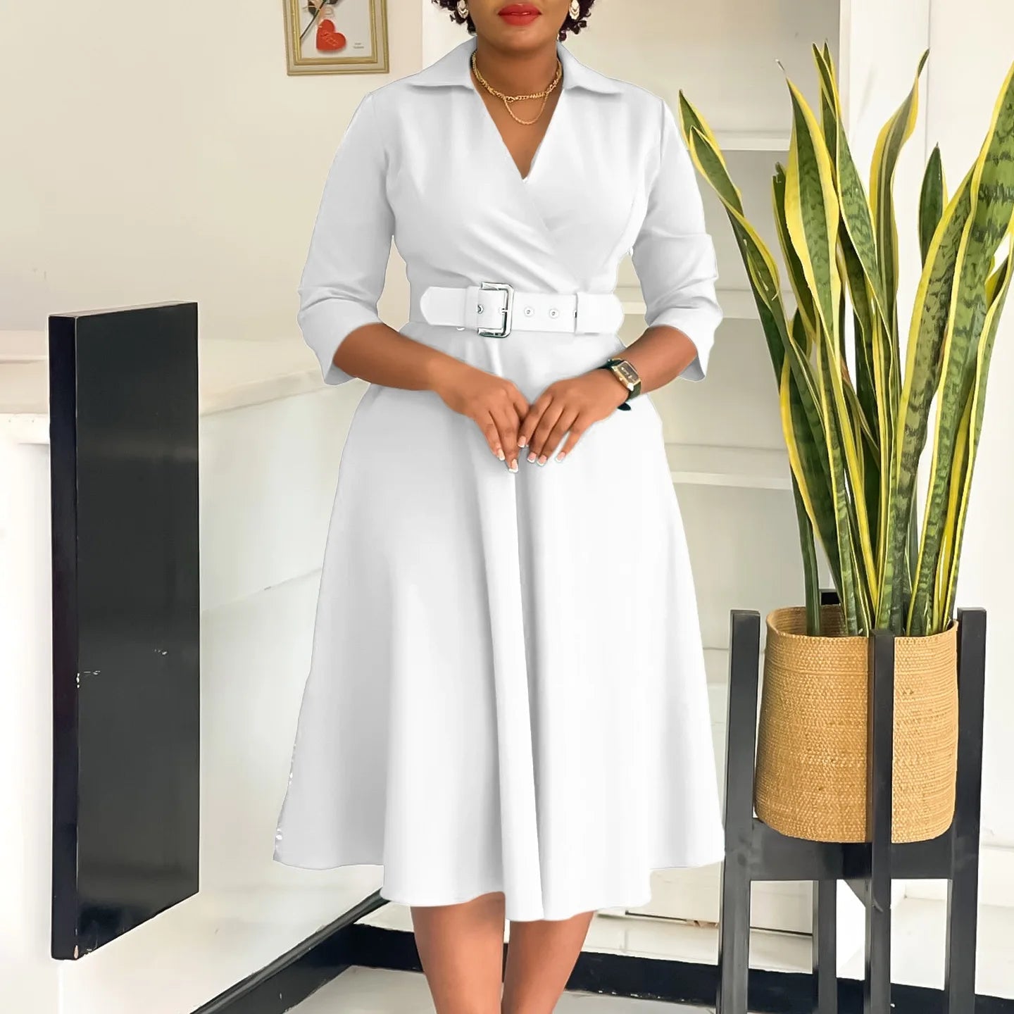 Fashion Office Dresses for Women Turn Down Collar V Neck Belt Waisted Pleated Mid Calf Elegant African Business Work Dress Cloth - Maison zamor