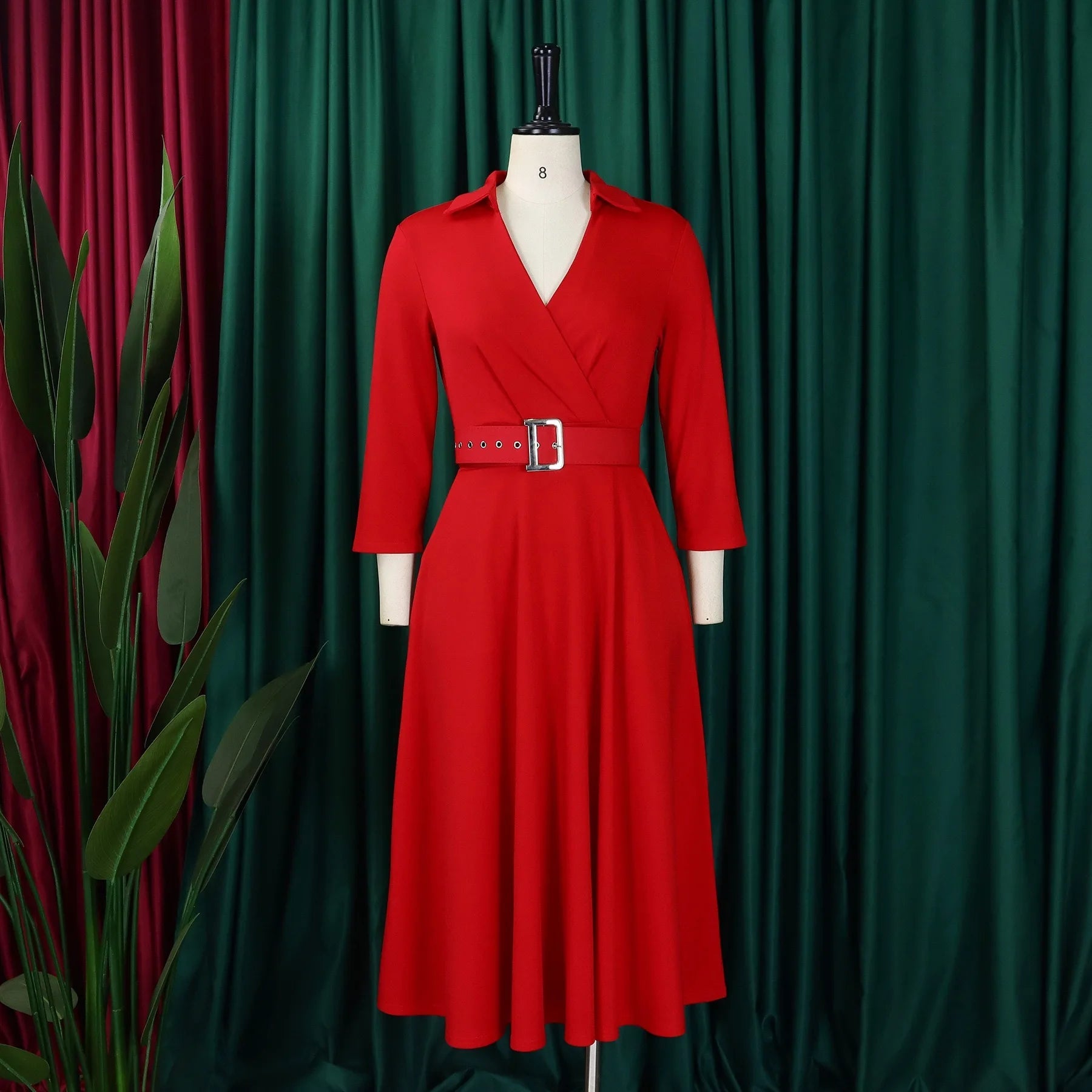 Fashion Office Dresses for Women Turn Down Collar V Neck Belt Waisted Pleated Mid Calf Elegant African Business Work Dress Cloth - Maison zamor