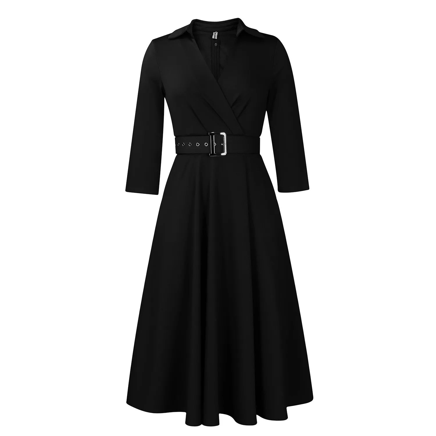 Fashion Office Dresses for Women Turn Down Collar V Neck Belt Waisted Pleated Mid Calf Elegant African Business Work Dress Cloth - Maison zamor