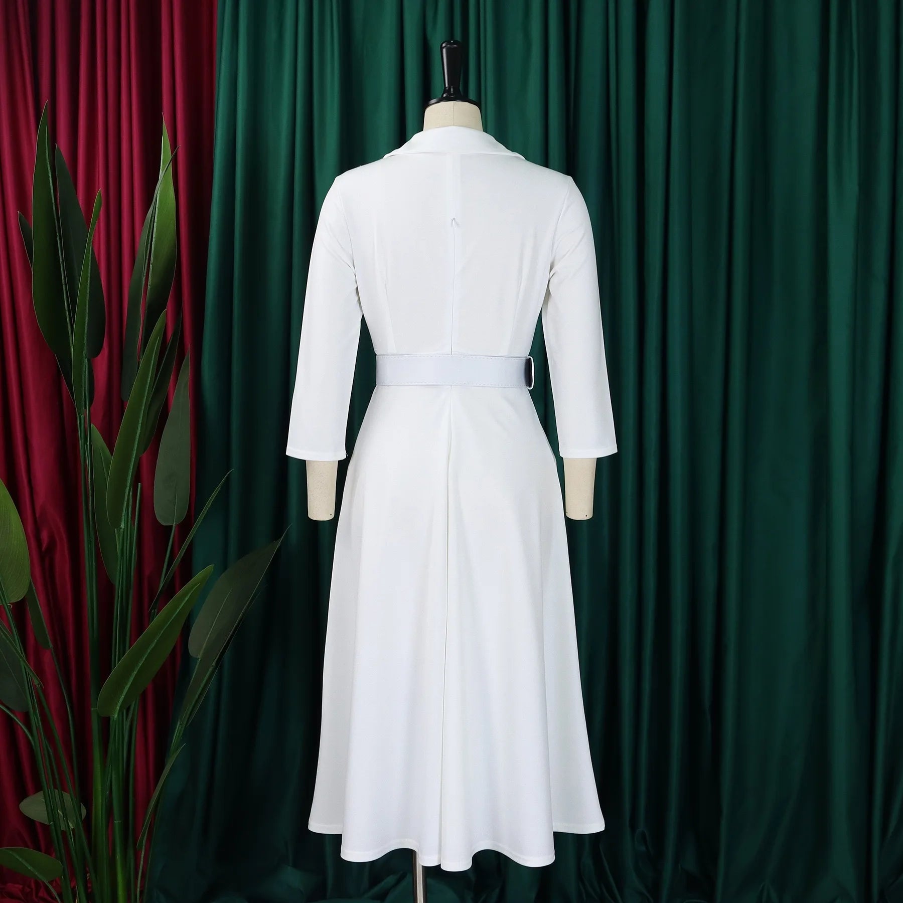 Fashion Office Dresses for Women Turn Down Collar V Neck Belt Waisted Pleated Mid Calf Elegant African Business Work Dress Cloth - Maison zamor