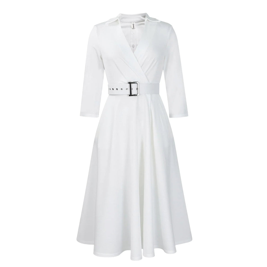 Fashion Office Dresses for Women Turn Down Collar V Neck Belt Waisted Pleated Mid Calf Elegant African Business Work Dress Cloth - Maison zamor