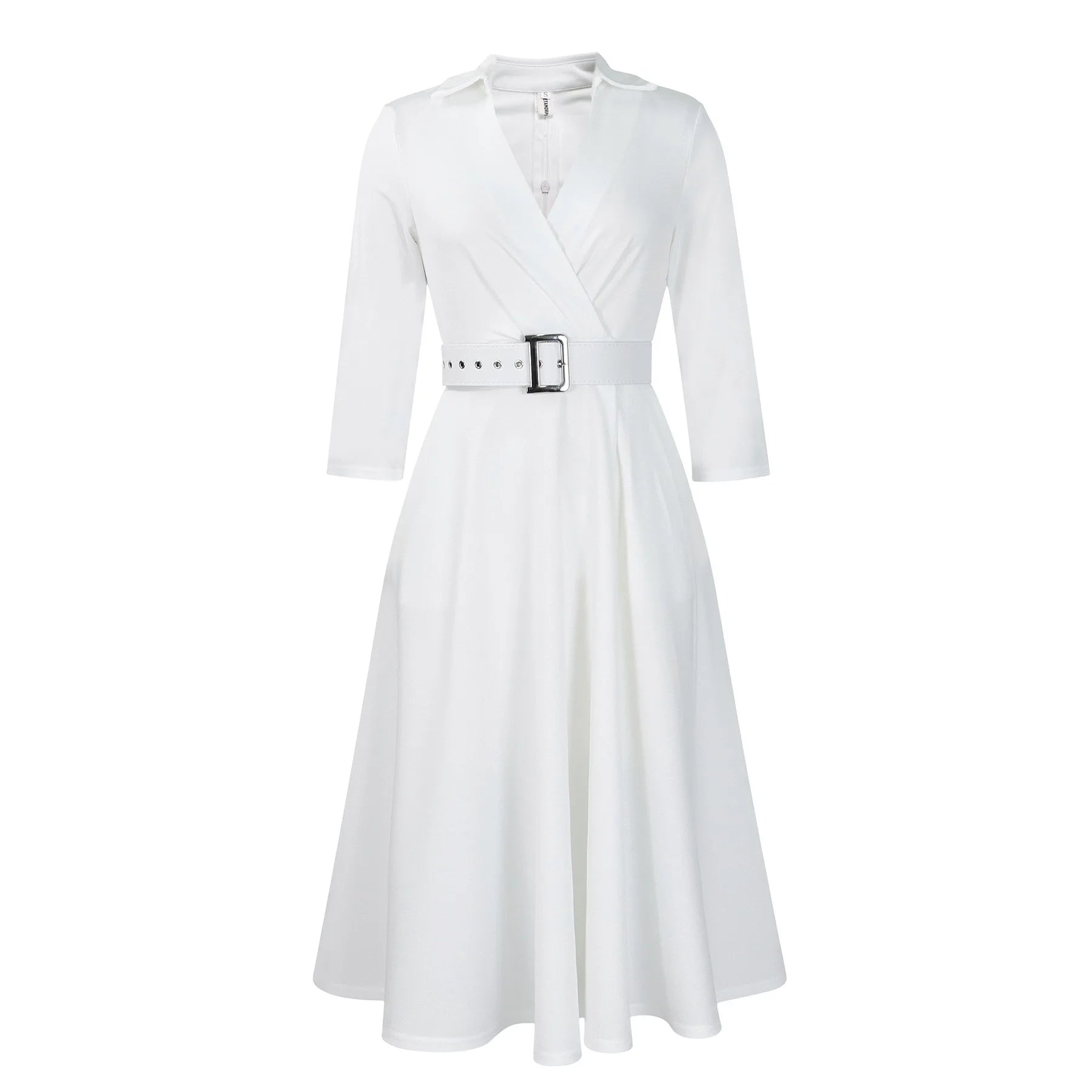 Fashion Office Dresses for Women Turn Down Collar V Neck Belt Waisted Pleated Mid Calf Elegant African Business Work Dress Cloth - Maison zamor
