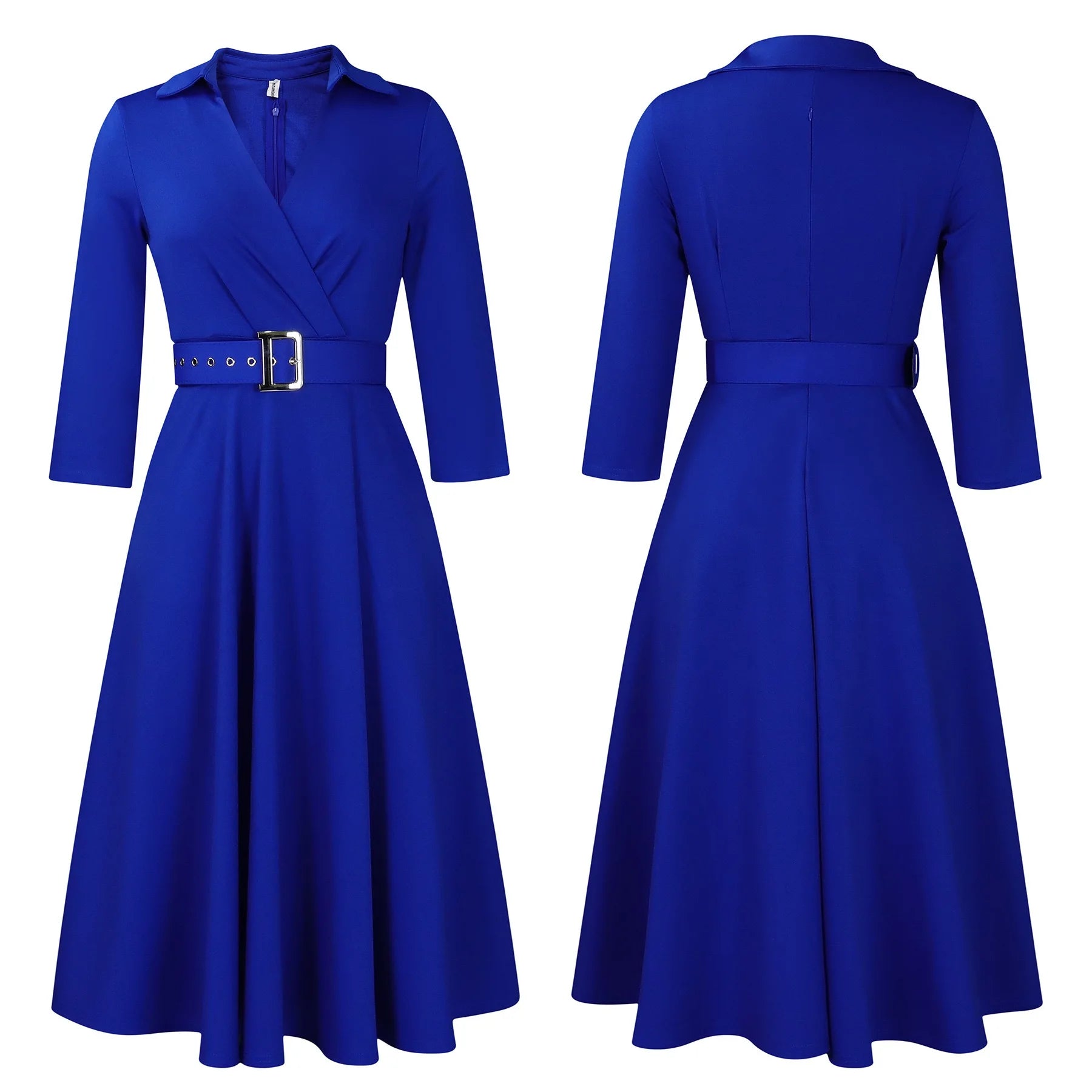 Fashion Office Dresses for Women Turn Down Collar V Neck Belt Waisted Pleated Mid Calf Elegant African Business Work Dress Cloth - Maison zamor