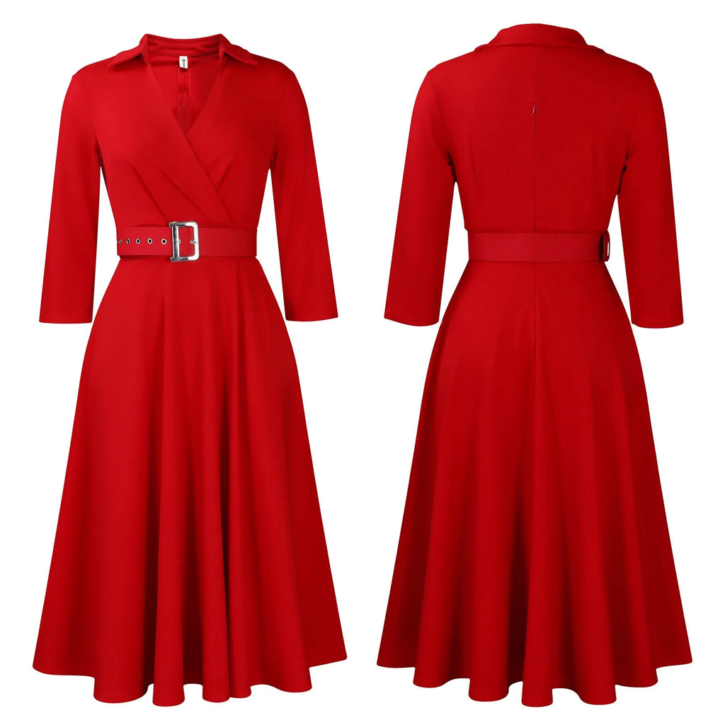 Fashion Office Dresses for Women Turn Down Collar V Neck Belt Waisted Pleated Mid Calf Elegant African Business Work Dress Cloth - Maison zamor