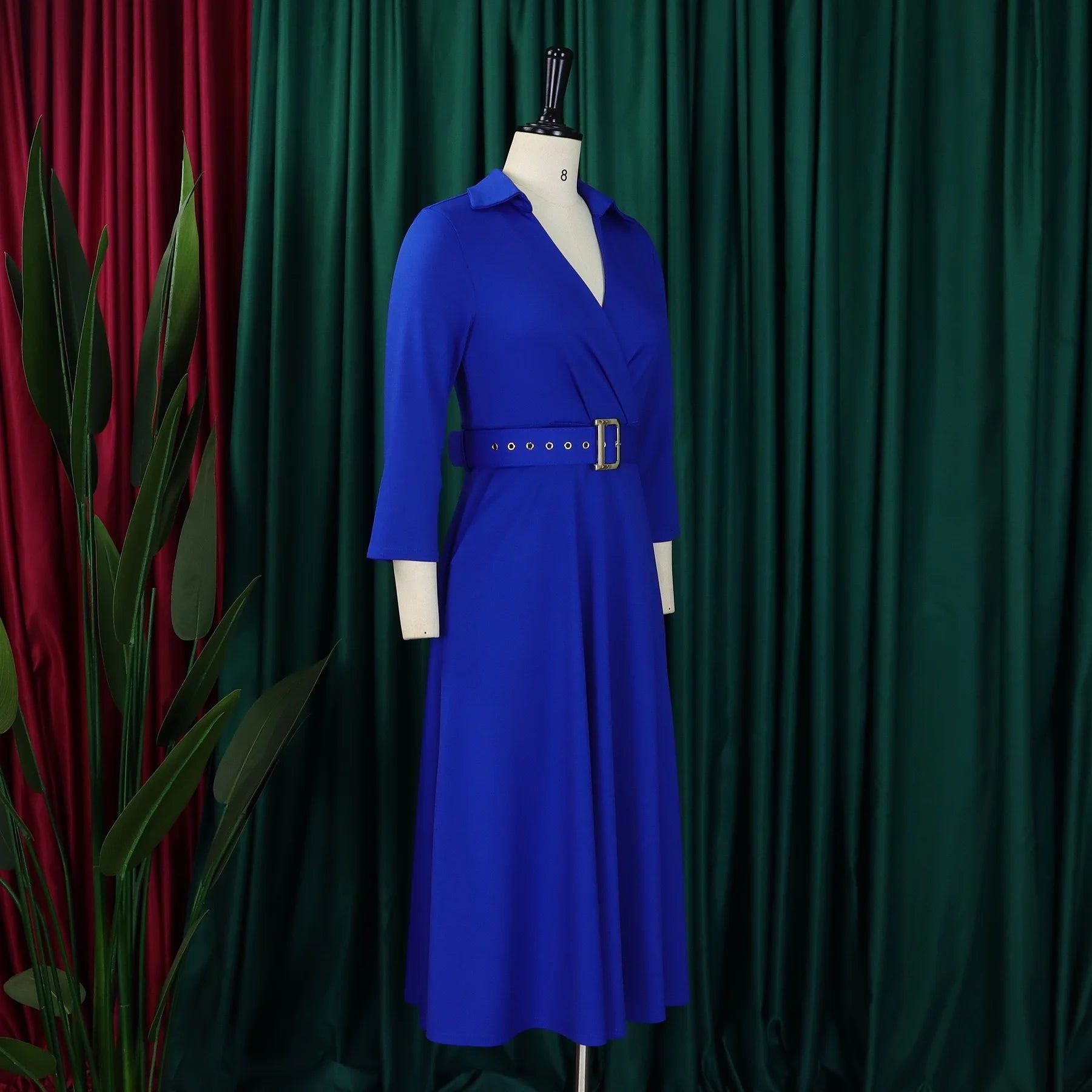 Fashion Office Dresses for Women Turn Down Collar V Neck Belt Waisted Pleated Mid Calf Elegant African Business Work Dress Cloth - Maison zamor