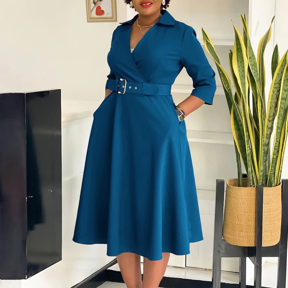 Fashion Office Dresses for Women Turn Down Collar V Neck Belt Waisted Pleated Mid Calf Elegant African Business Work Dress Cloth - Maison zamor