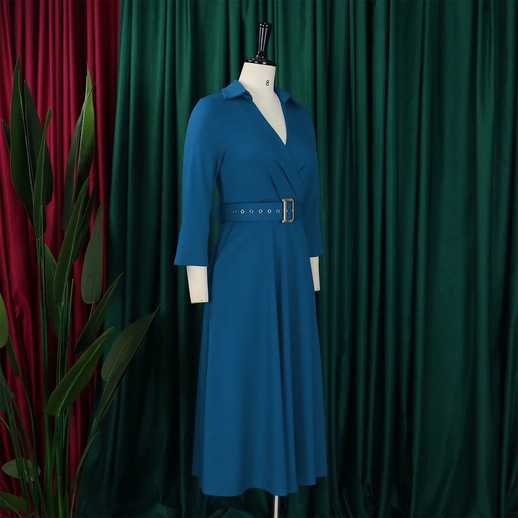 Fashion Office Dresses for Women Turn Down Collar V Neck Belt Waisted Pleated Mid Calf Elegant African Business Work Dress Cloth - Maison zamor