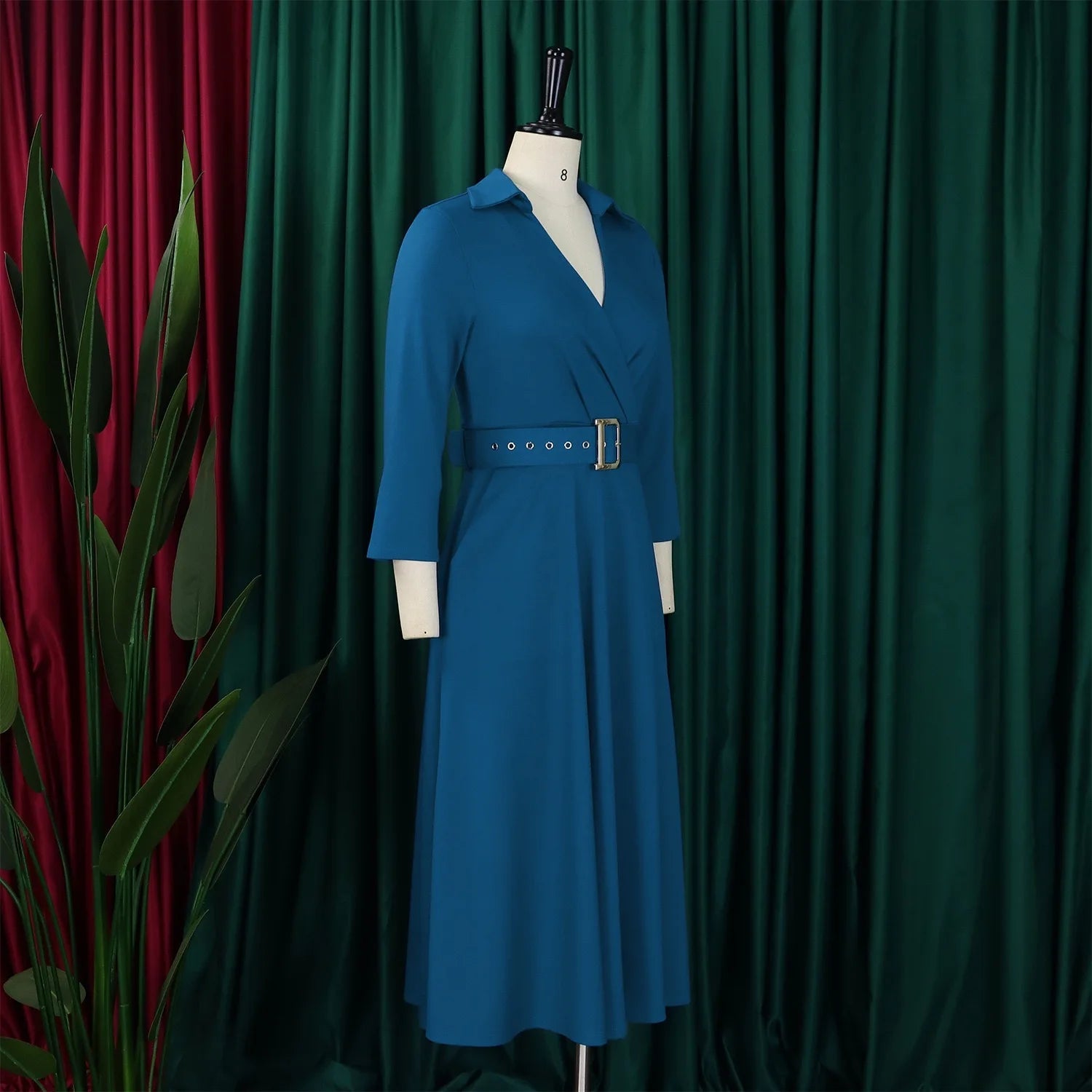 Fashion Office Dresses for Women Turn Down Collar V Neck Belt Waisted Pleated Mid Calf Elegant African Business Work Dress Cloth - Maison zamor