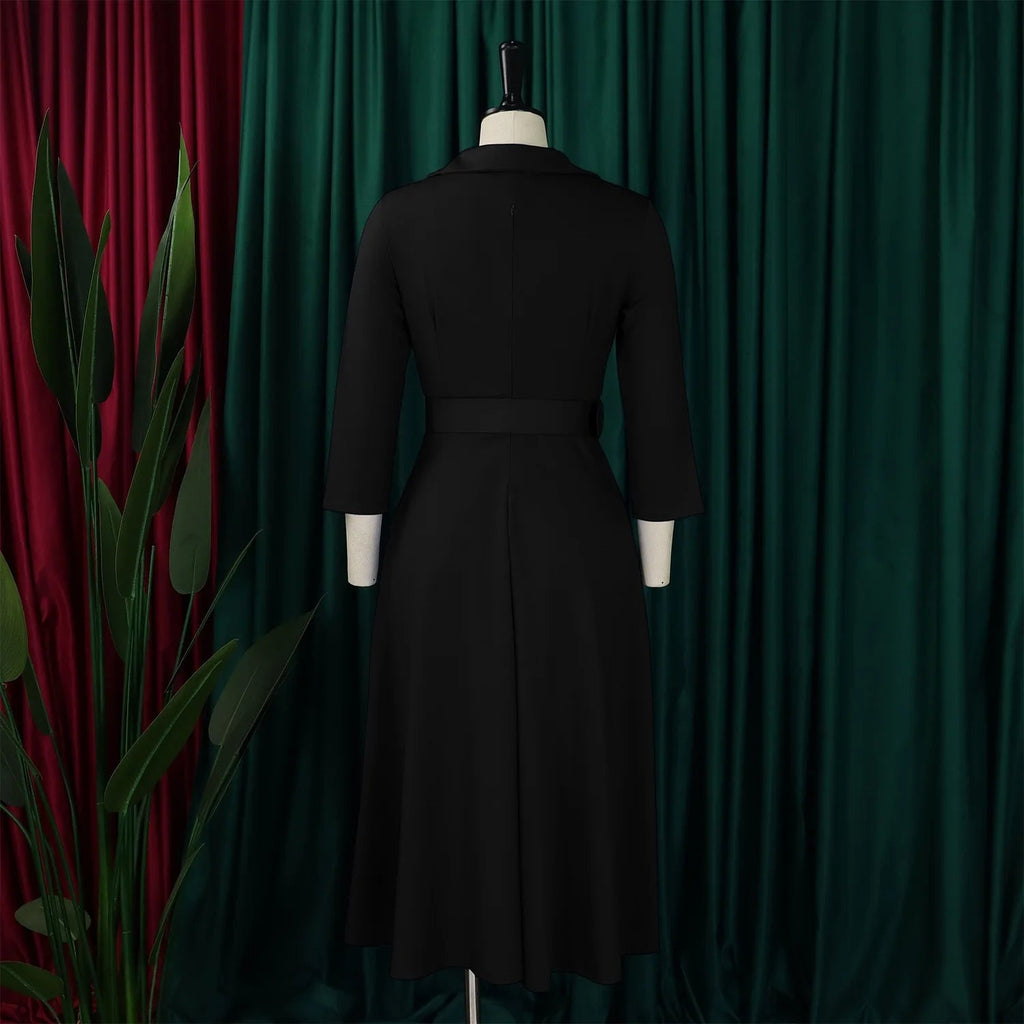 Fashion Office Dresses for Women Turn Down Collar V Neck Belt Waisted Pleated Mid Calf Elegant African Business Work Dress Cloth - Maison zamor