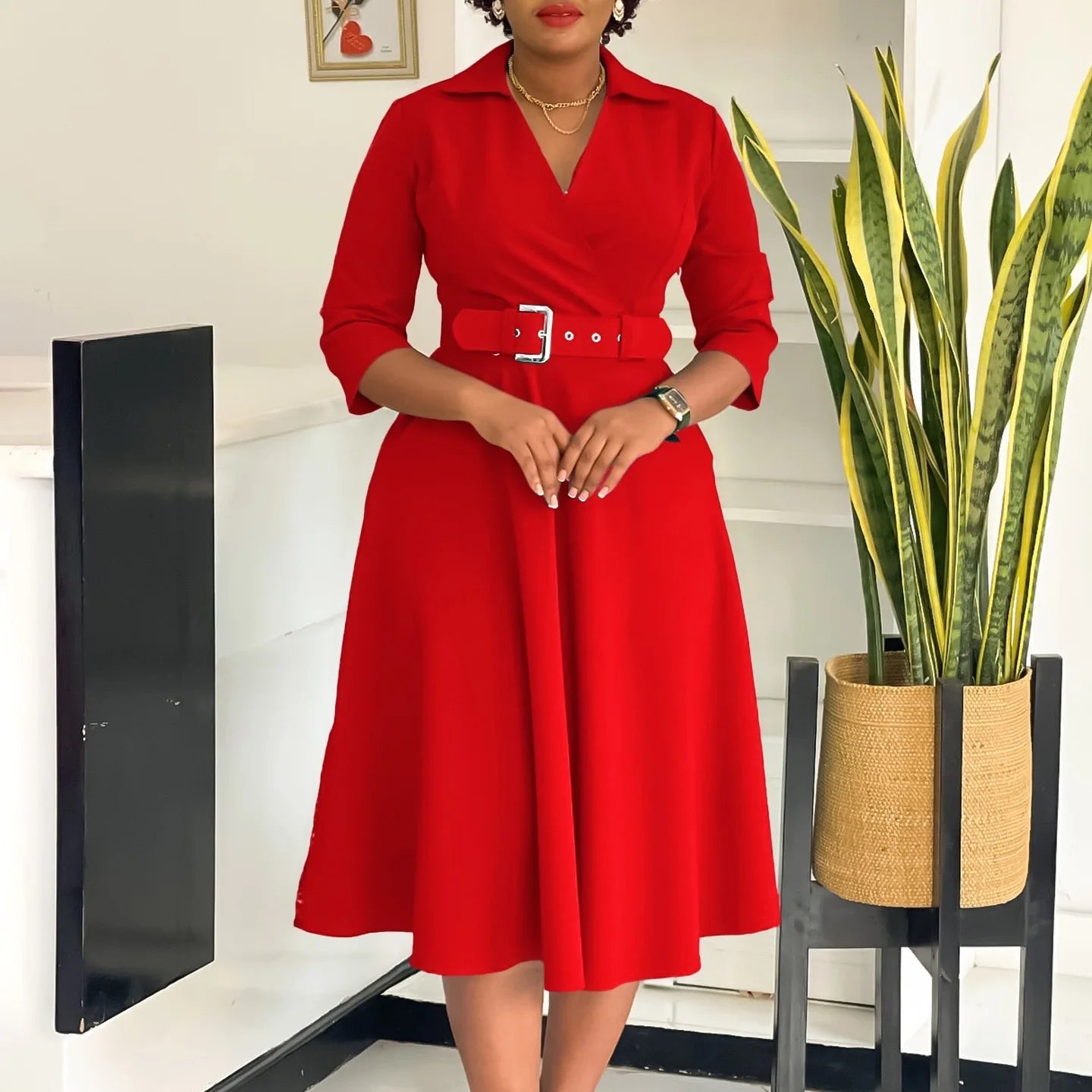 Fashion Office Dresses for Women Turn Down Collar V Neck Belt Waisted Pleated Mid Calf Elegant African Business Work Dress Cloth - Maison zamor