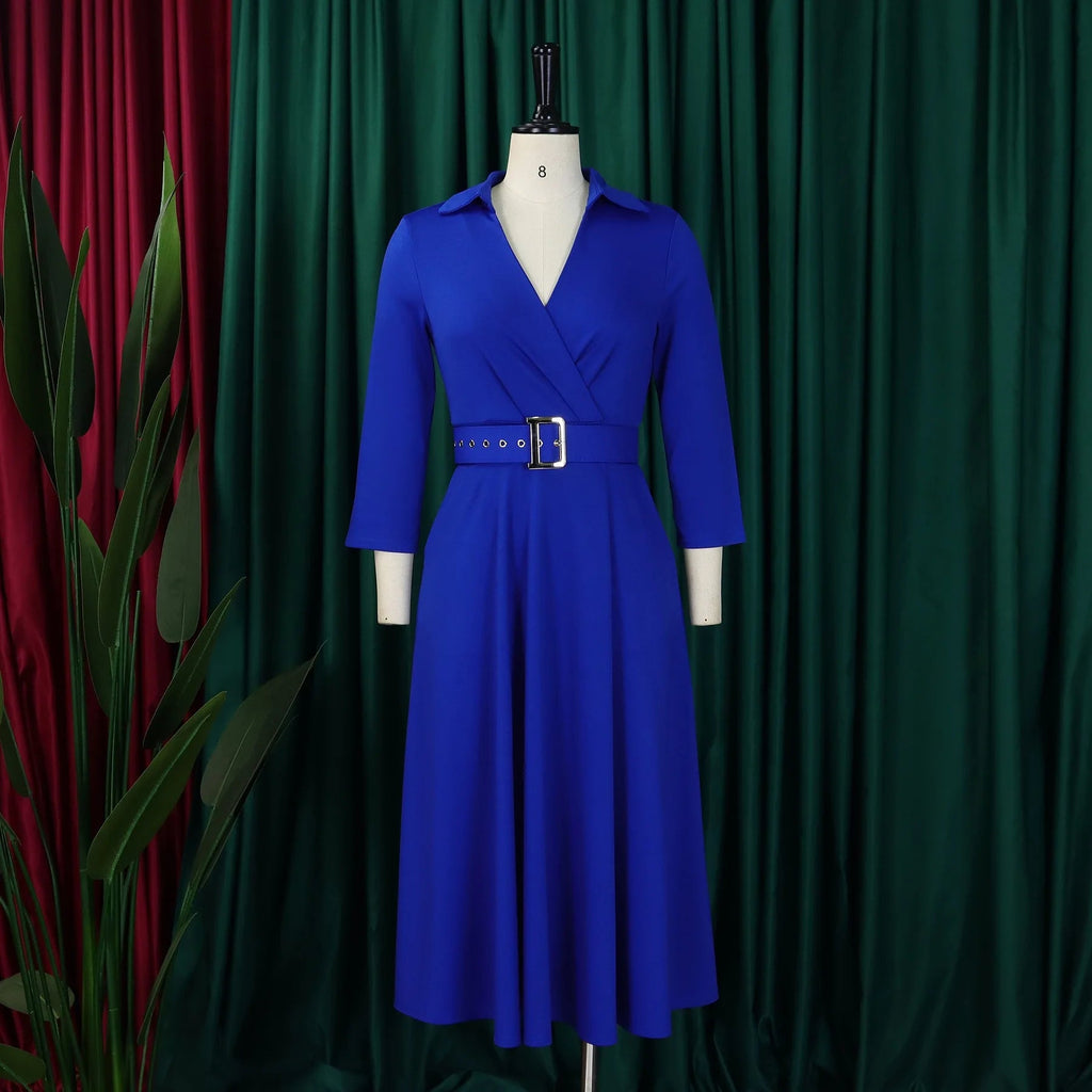 Fashion Office Dresses for Women Turn Down Collar V Neck Belt Waisted Pleated Mid Calf Elegant African Business Work Dress Cloth - Maison zamor