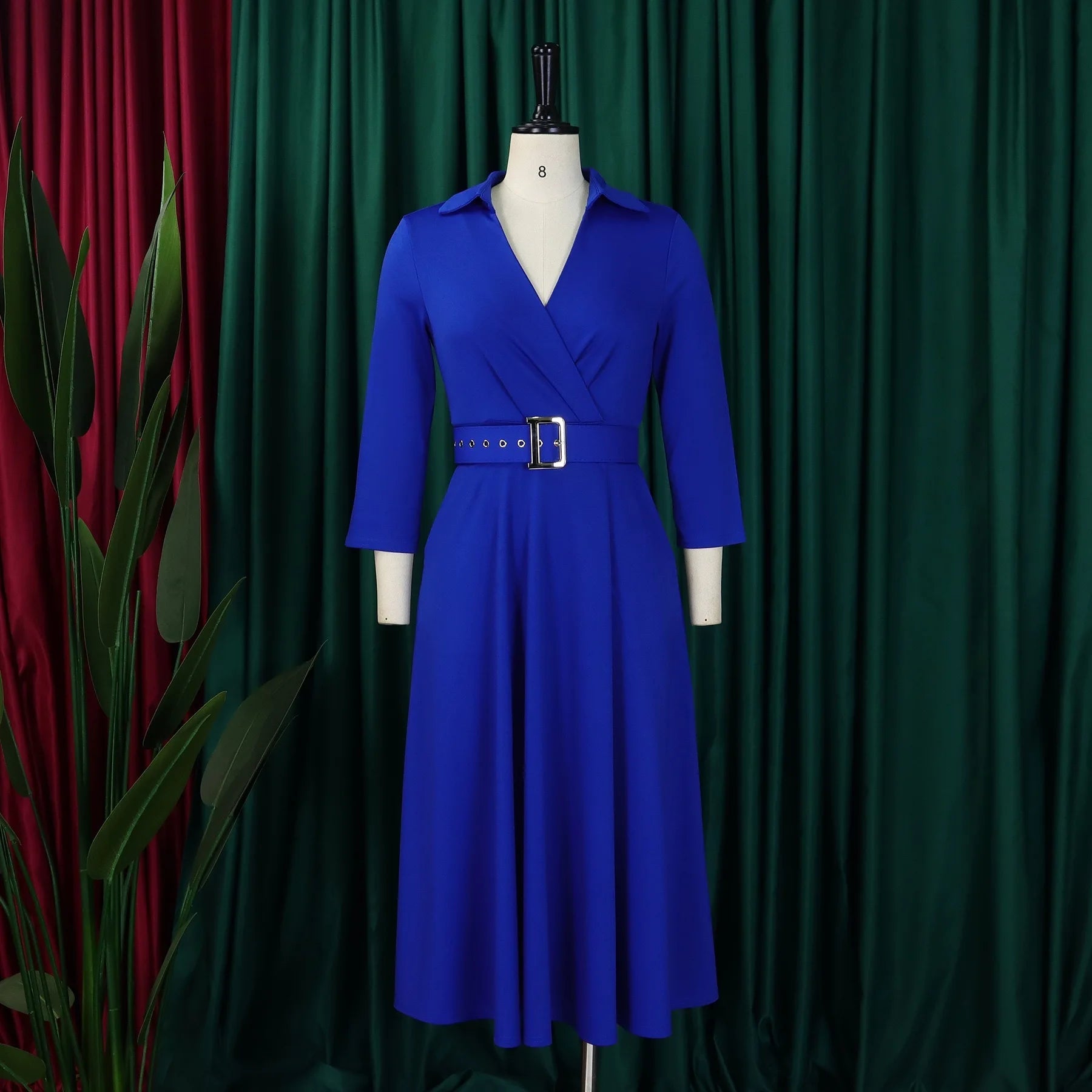 Fashion Office Dresses for Women Turn Down Collar V Neck Belt Waisted Pleated Mid Calf Elegant African Business Work Dress Cloth - Maison zamor