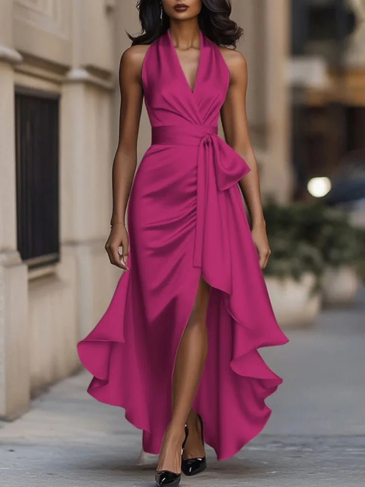 Freeacy Women's Deep V - neck Ruffled Evening Gowns Solid Color Lace - up High Waist Satin Party Dresses Wedding Guests Dress - Maison zamor